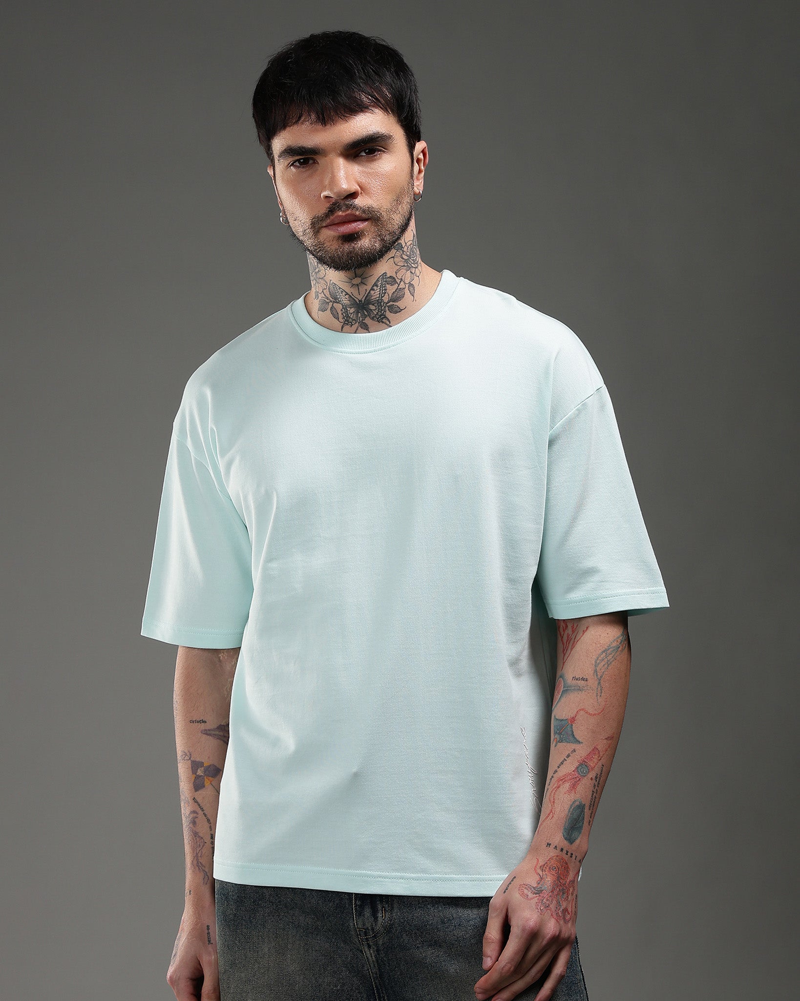 Snowpard Untamed Script Relaxed Tee Aqua Mist — back view, oversized Untamed script brushed effect