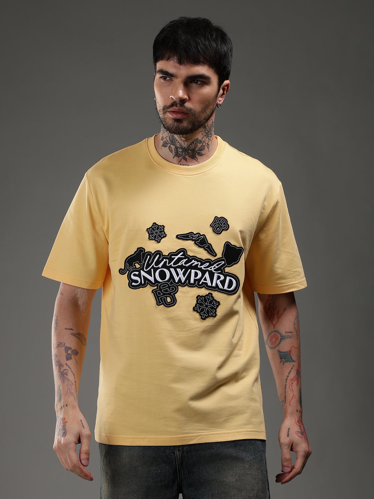 SNOWPARD Yellow Icon Patch T-Shirt Sun Yellow - Side View | Regular Fit Supima Cotton Tee