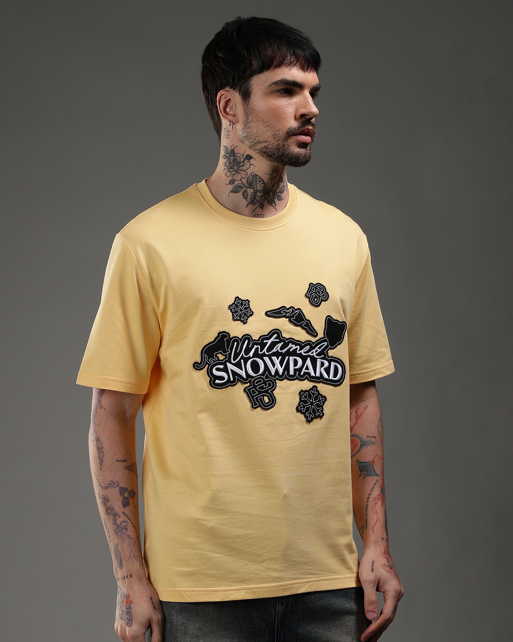 Snowpard Yellow Icon Embroidered Tee Yellow — front view, men's embroidered t-shirt India