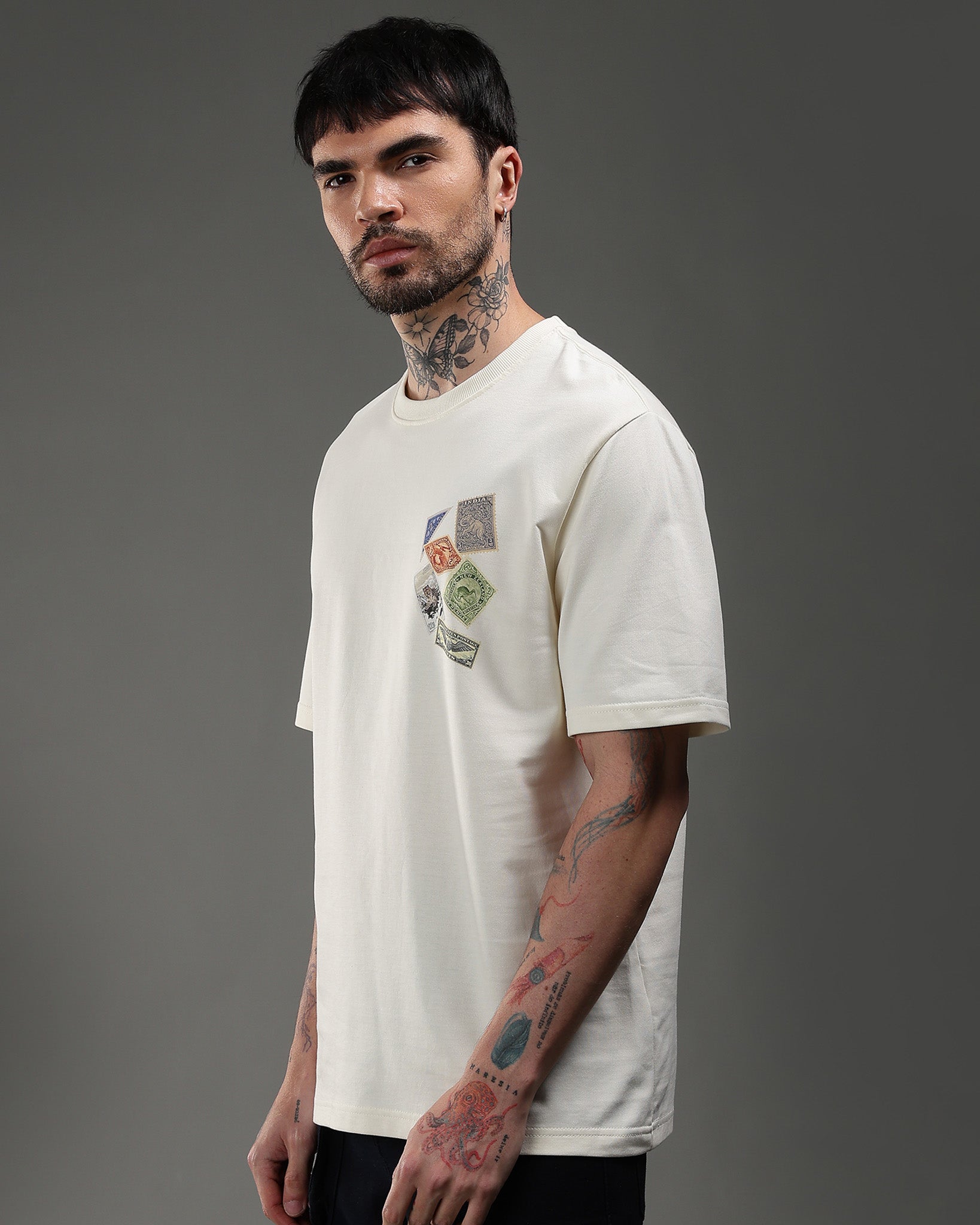 Snowpard Global Stamps Relaxed Tee Off White — front view, men's vintage stamp print t-shirt India