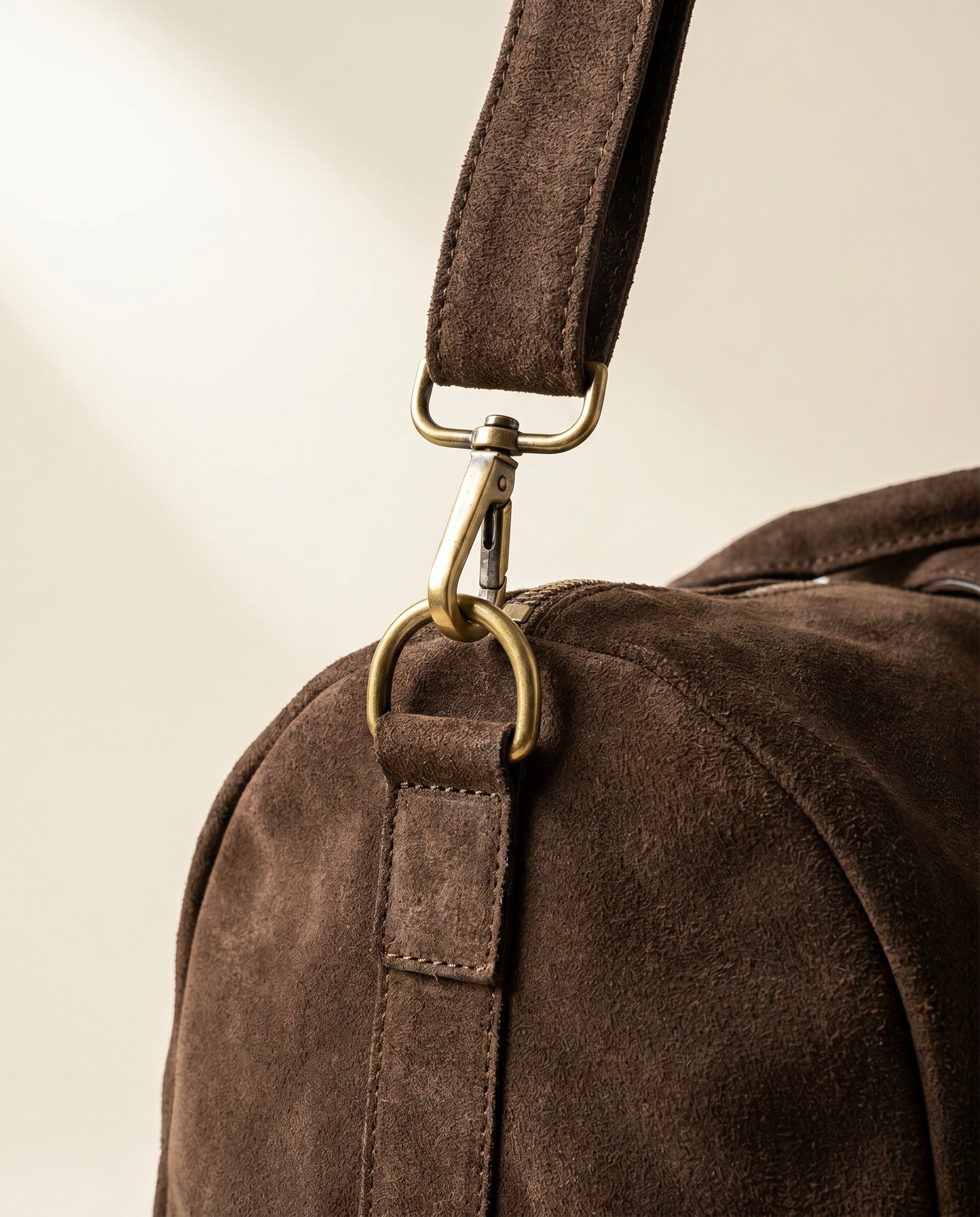 Suru Duffel suede travel bag close-up of embossed Snowpard branding