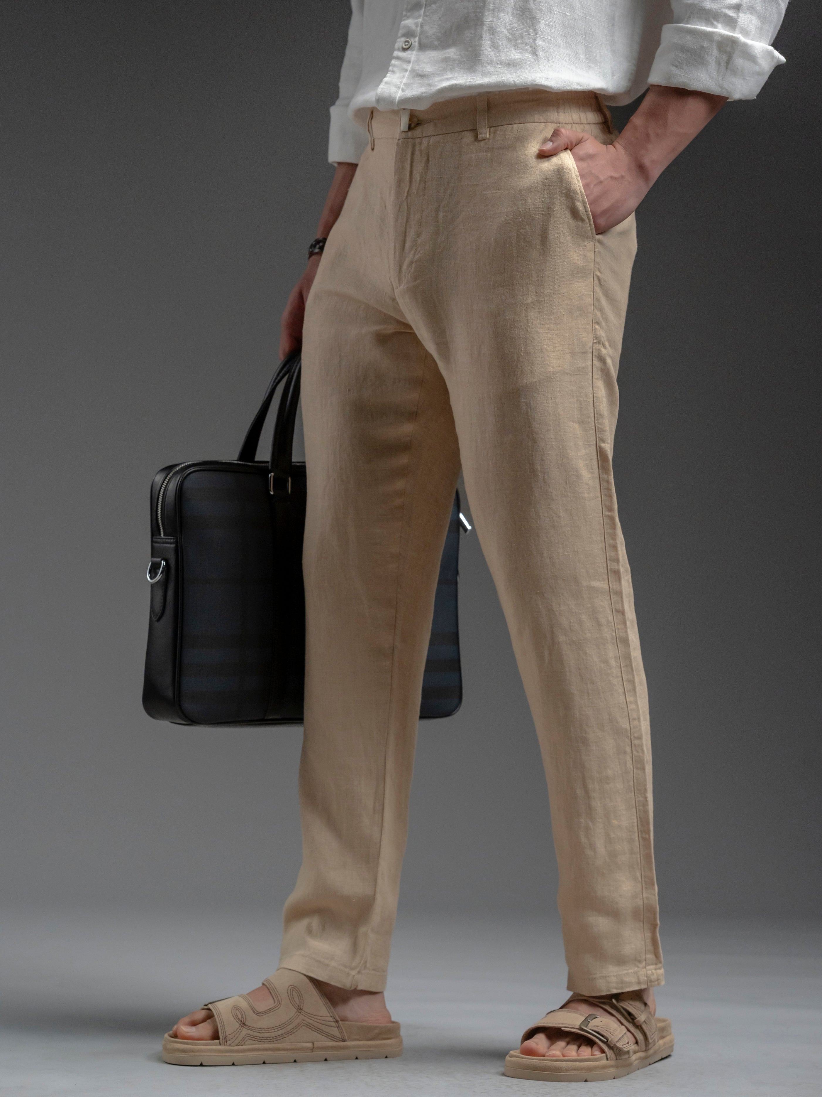 A Man Wearing Beige Linen Trouser