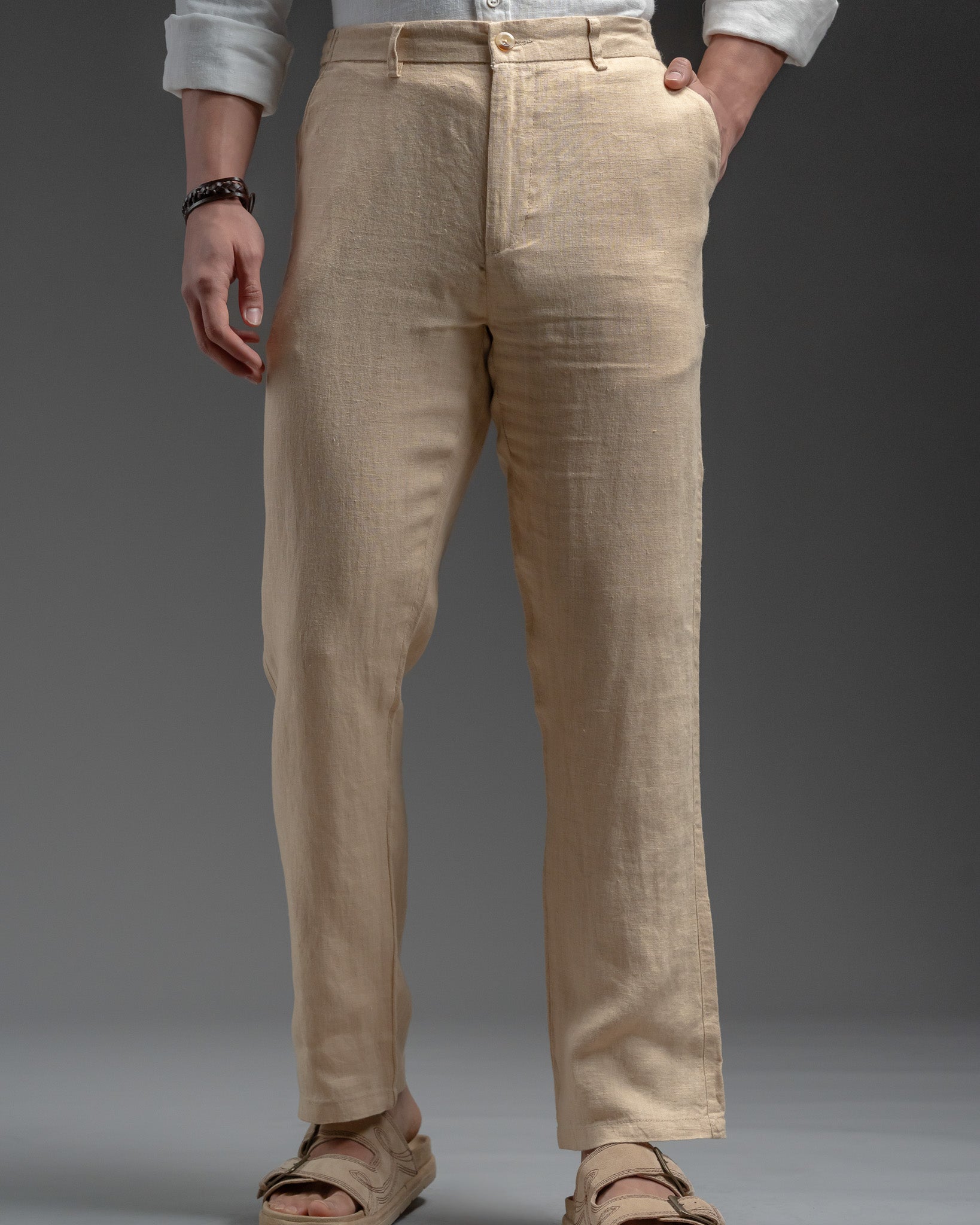 Snowpard Lino Linen Trouser Beige — front view, men's 100% linen trousers India