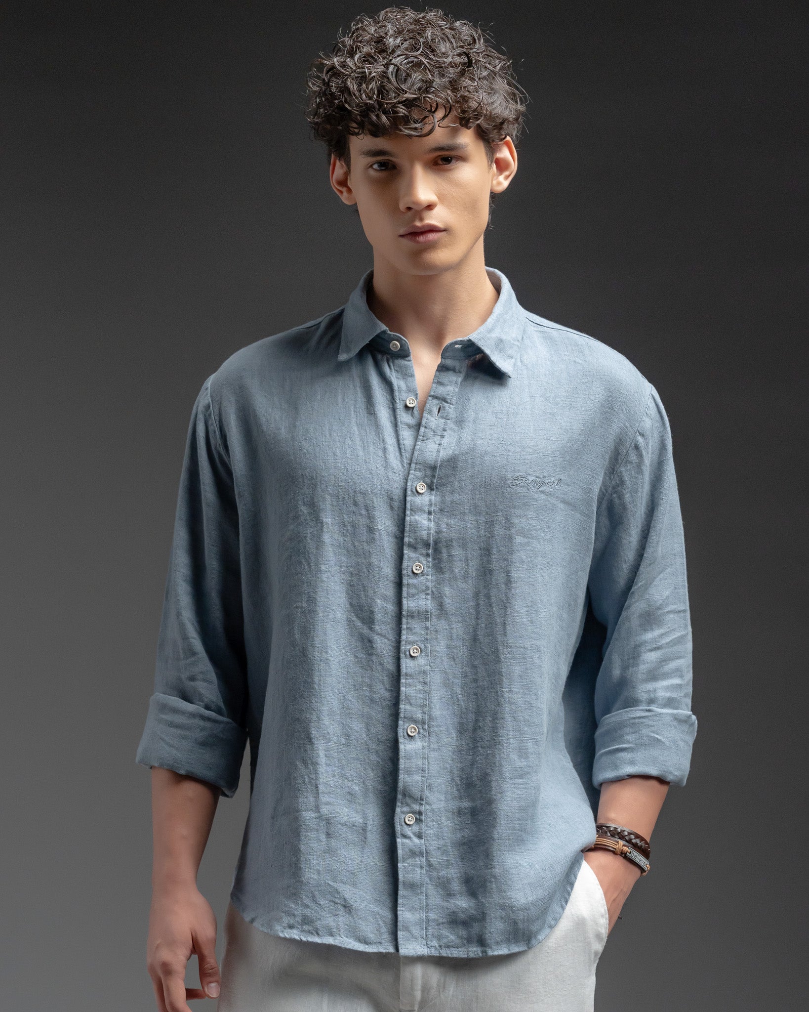 Snowpard Lucca Linen Shirt Blue — front view, men's 100% linen shirt India
