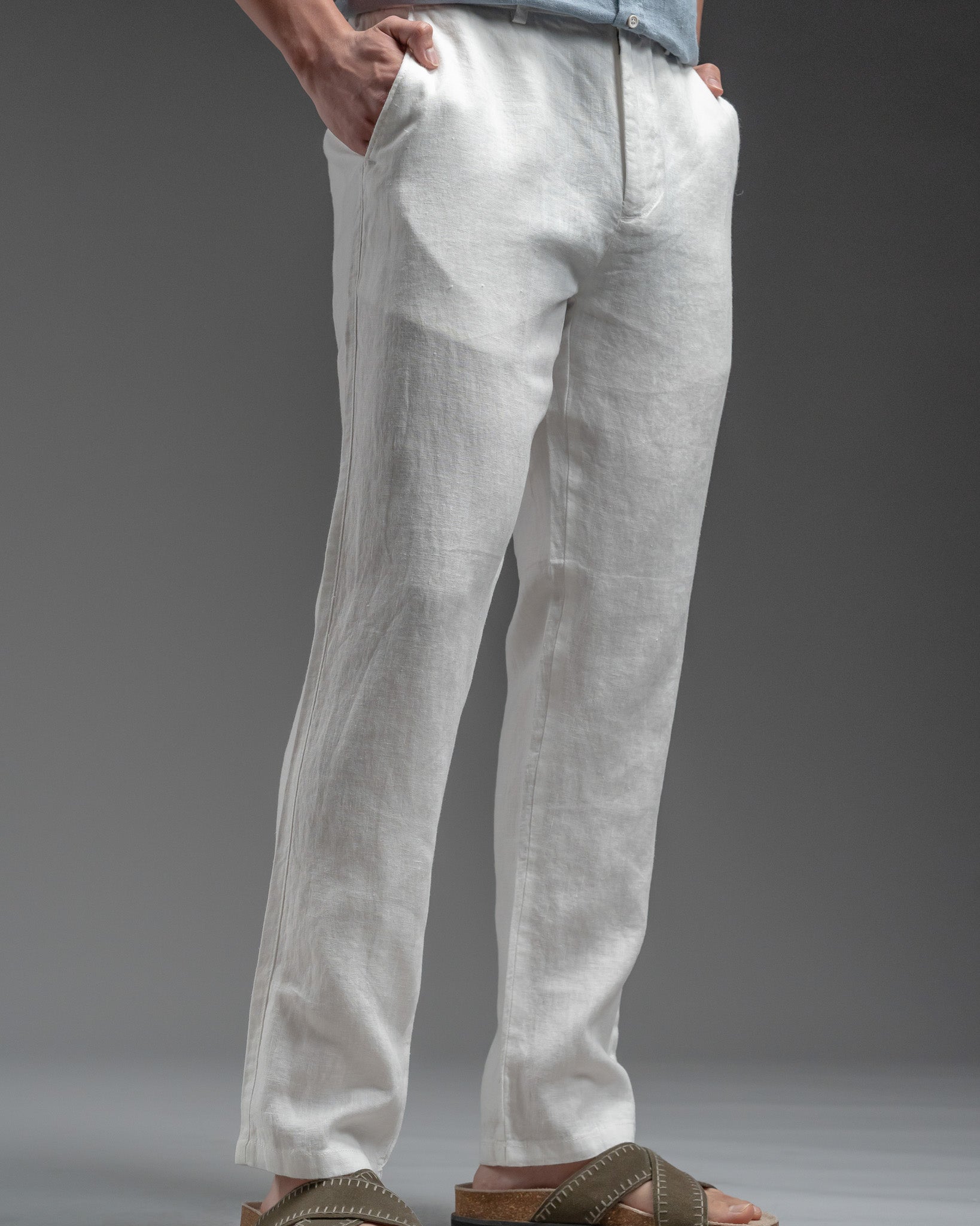 Snowpard Lino Linen Trouser White — front view, men's 100% linen trousers India