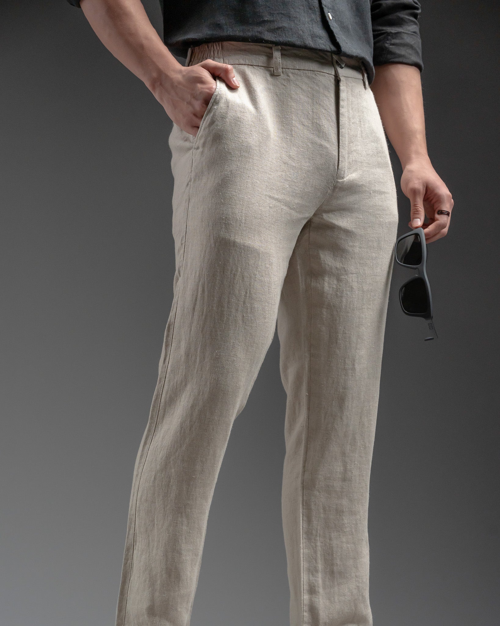 Snowpard Lino Linen Trouser Sand — front view, men's 100% linen trousers India