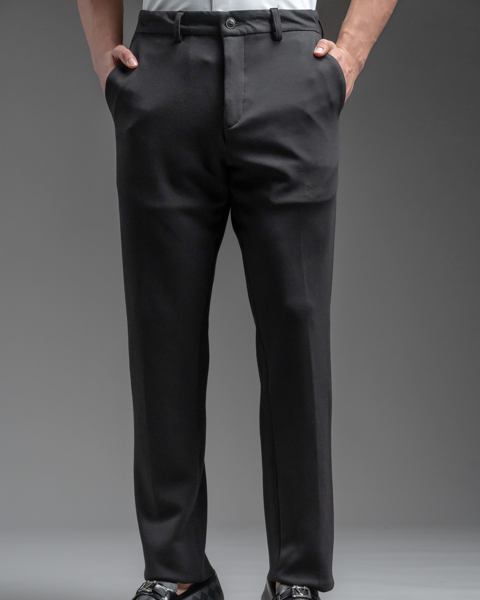 Snowpard Lyon Stretch Trouser Black — side view, tailored fit stretch trouser