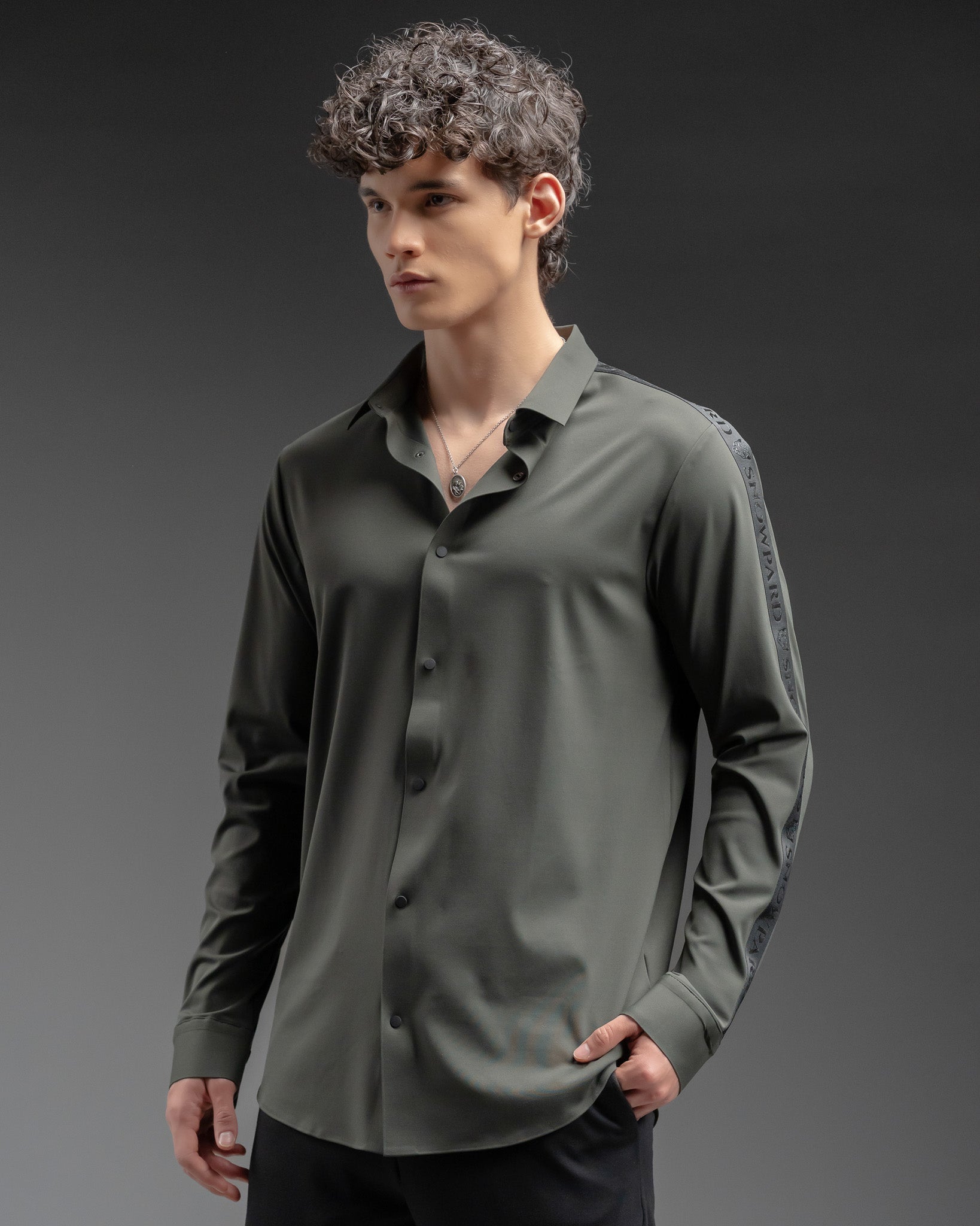 Snowpard Tacta Bonded Shirt Olive — side view, nylon elastane formal shirt