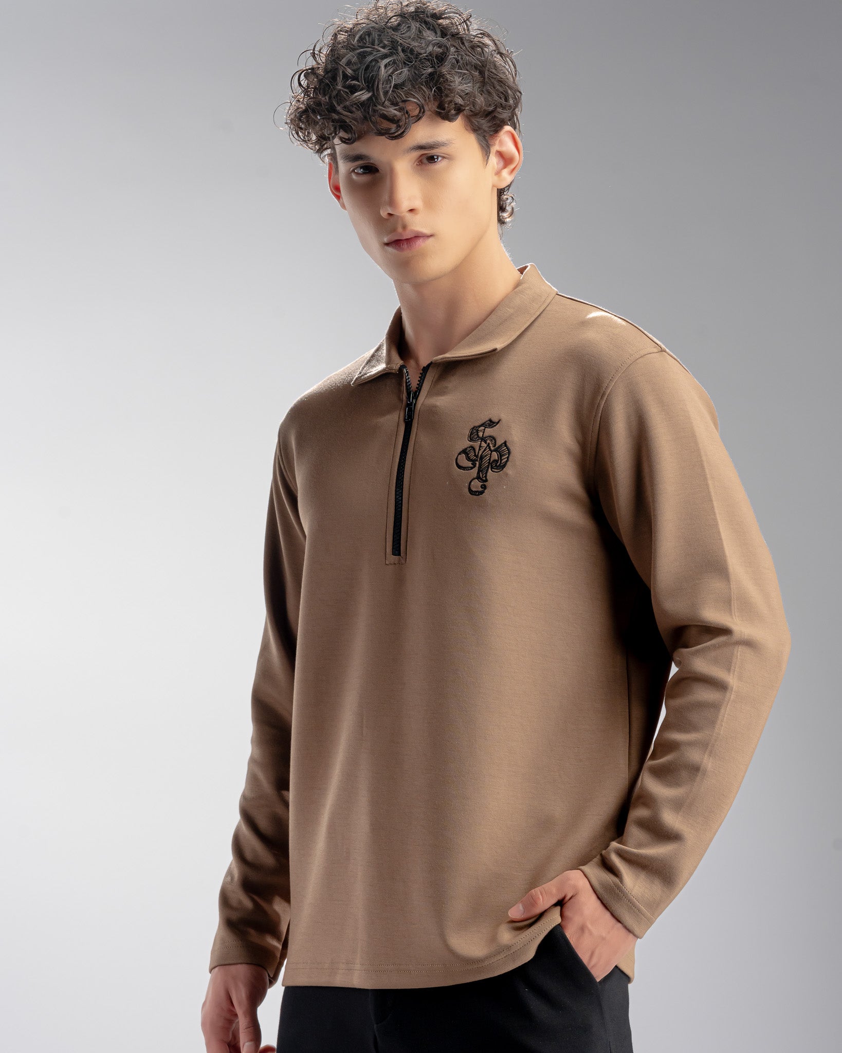Snowpard Milan Long Sleeve Zip Polo Brown — front view, men's full sleeve polo India