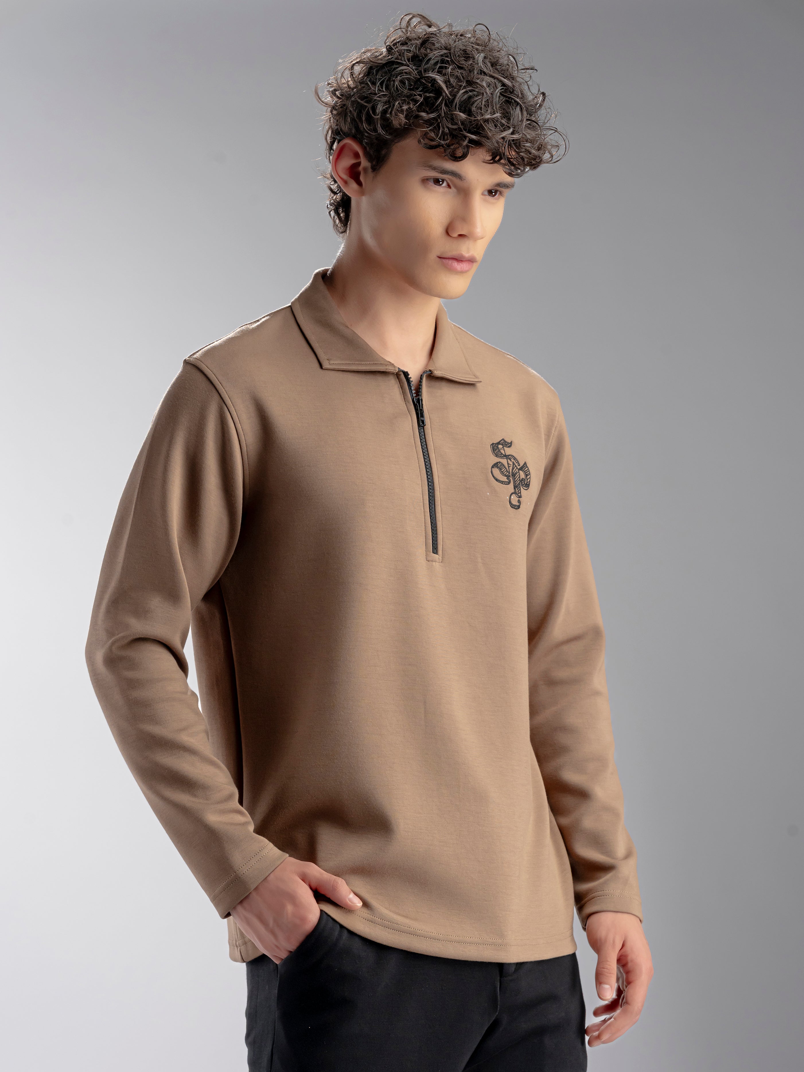 Zipper Long Sleeve Polo Shirt