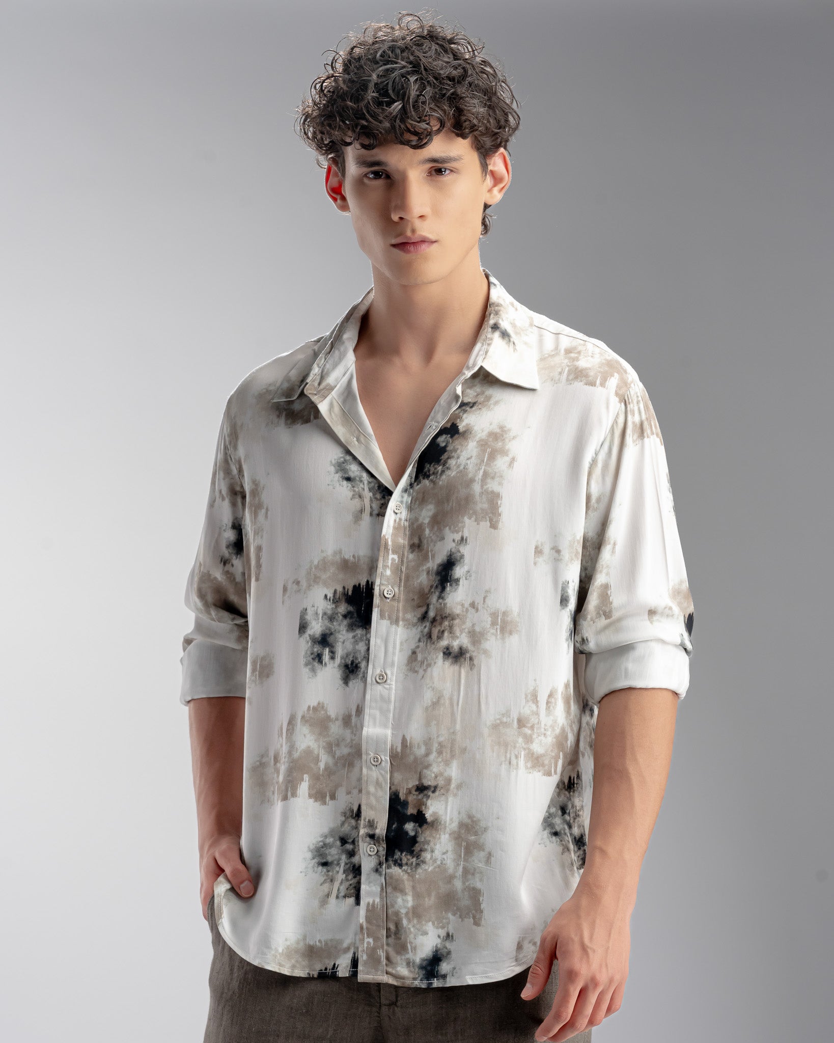 Snowpard Oslo Abstract Rayon Shirt Olive — front view, men's abstract print shirt India