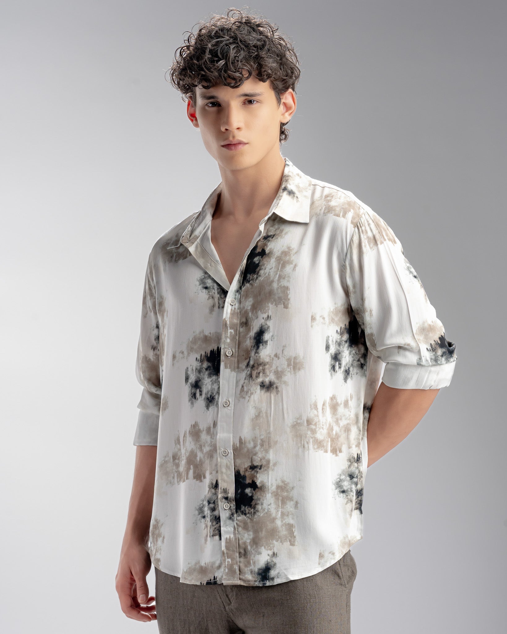 Snowpard Oslo Abstract Rayon Shirt Olive — side view, grounded abstract rayon shirt