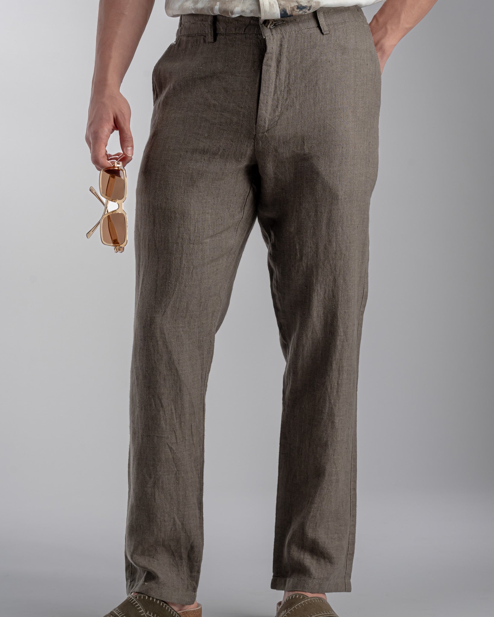 Snowpard Lino Linen Trouser Olive — front view, men's 100% linen trousers India