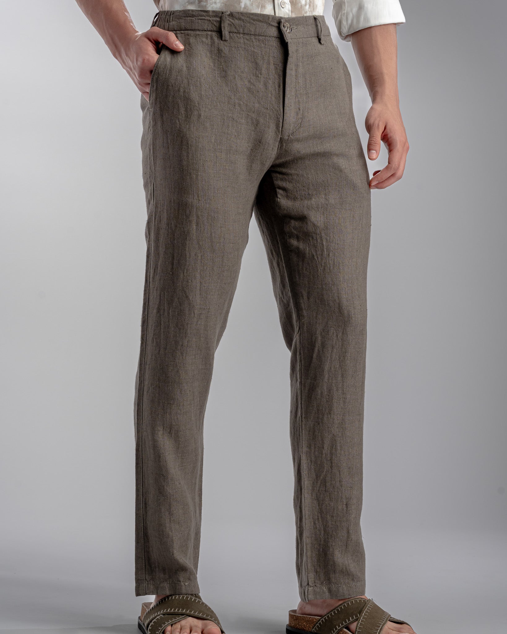 Snowpard Lino Linen Trouser Olive — side view, relaxed fit linen trousers