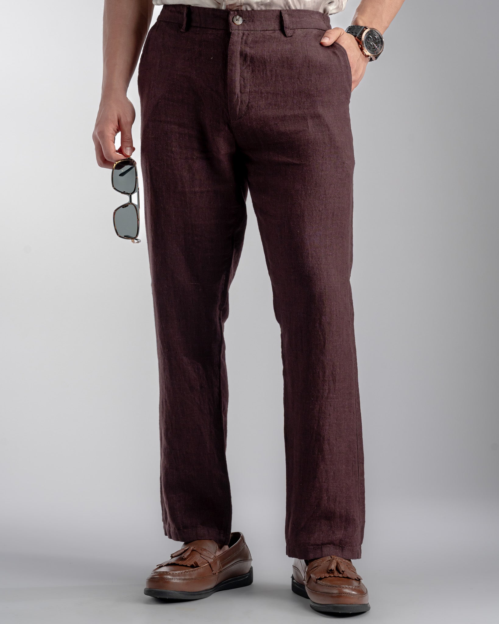 Snowpard Lino Linen Trouser Maroon — front view, men's 100% linen trousers India