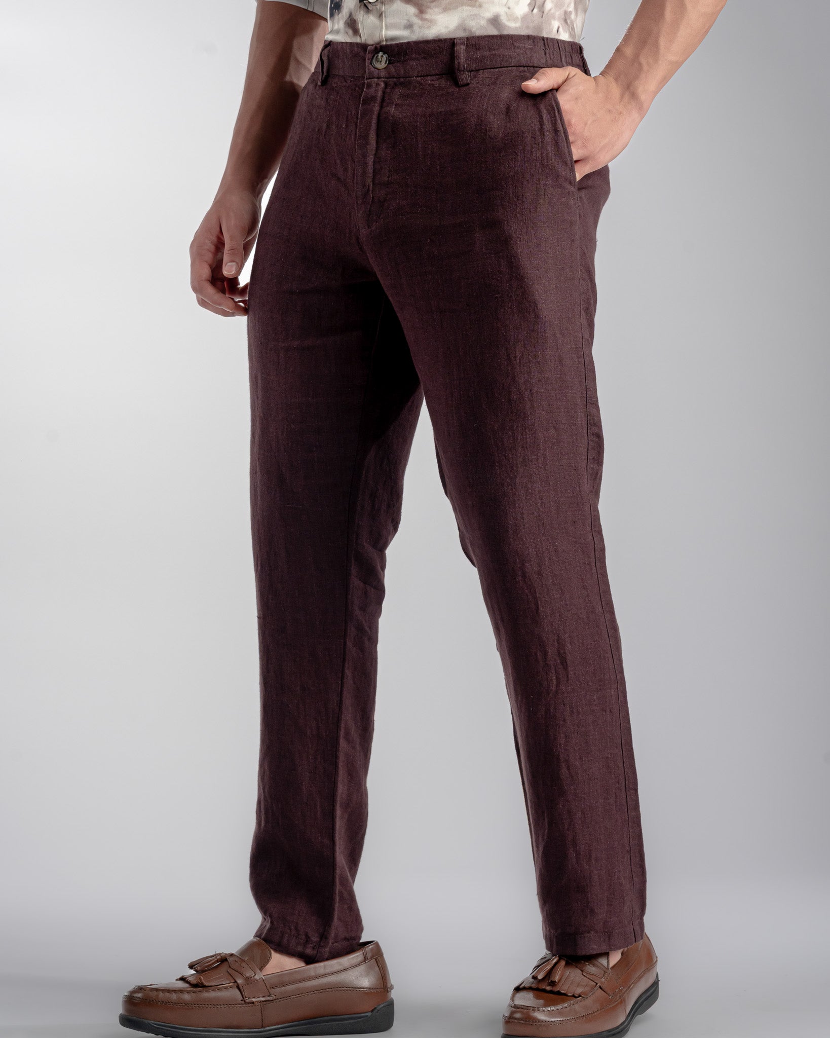 Snowpard Lino Linen Trouser Maroon — side view, relaxed fit linen trousers