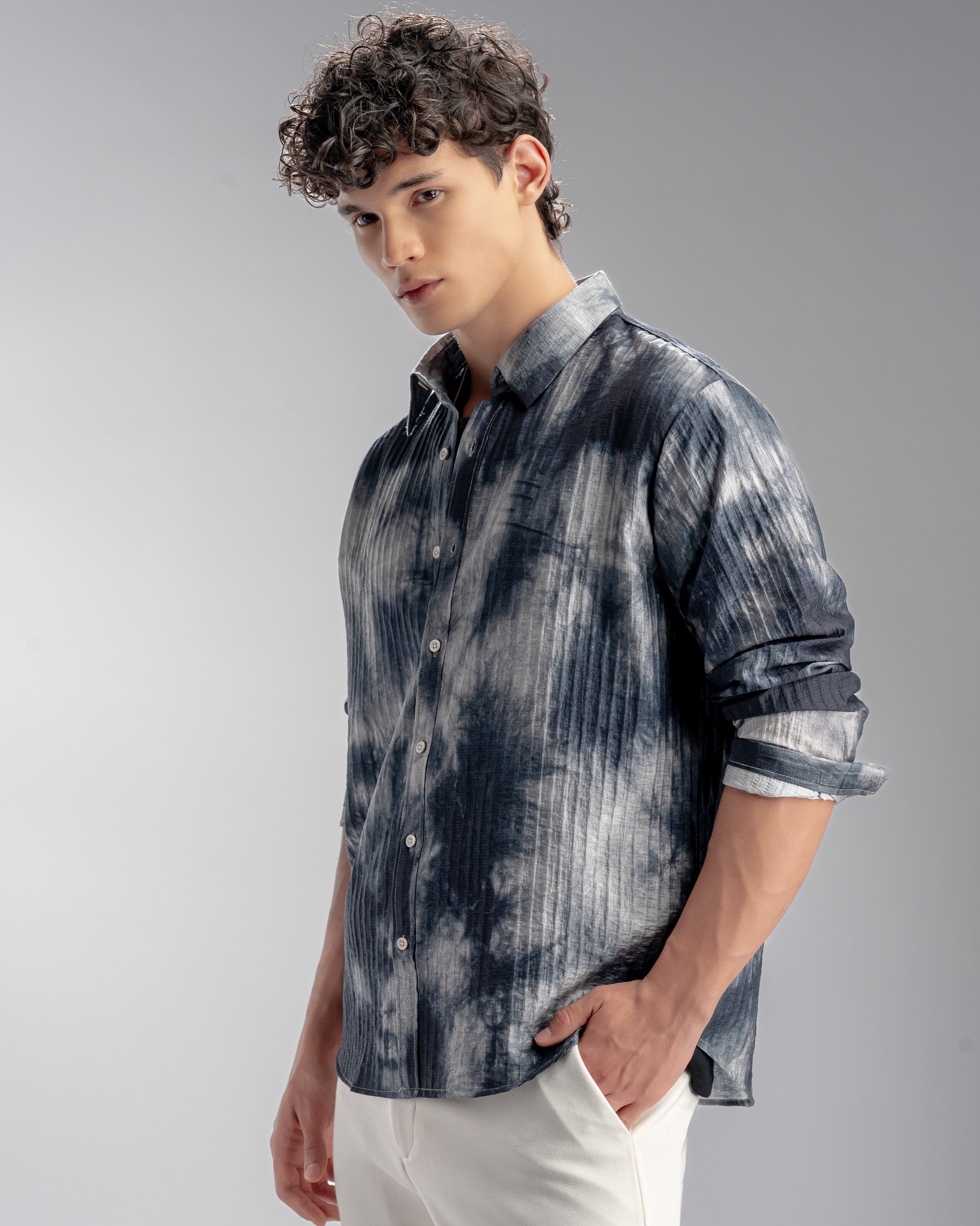 Snowpard Capri Crinkle Shirt Navy — side view, textured crinkle finish shirt