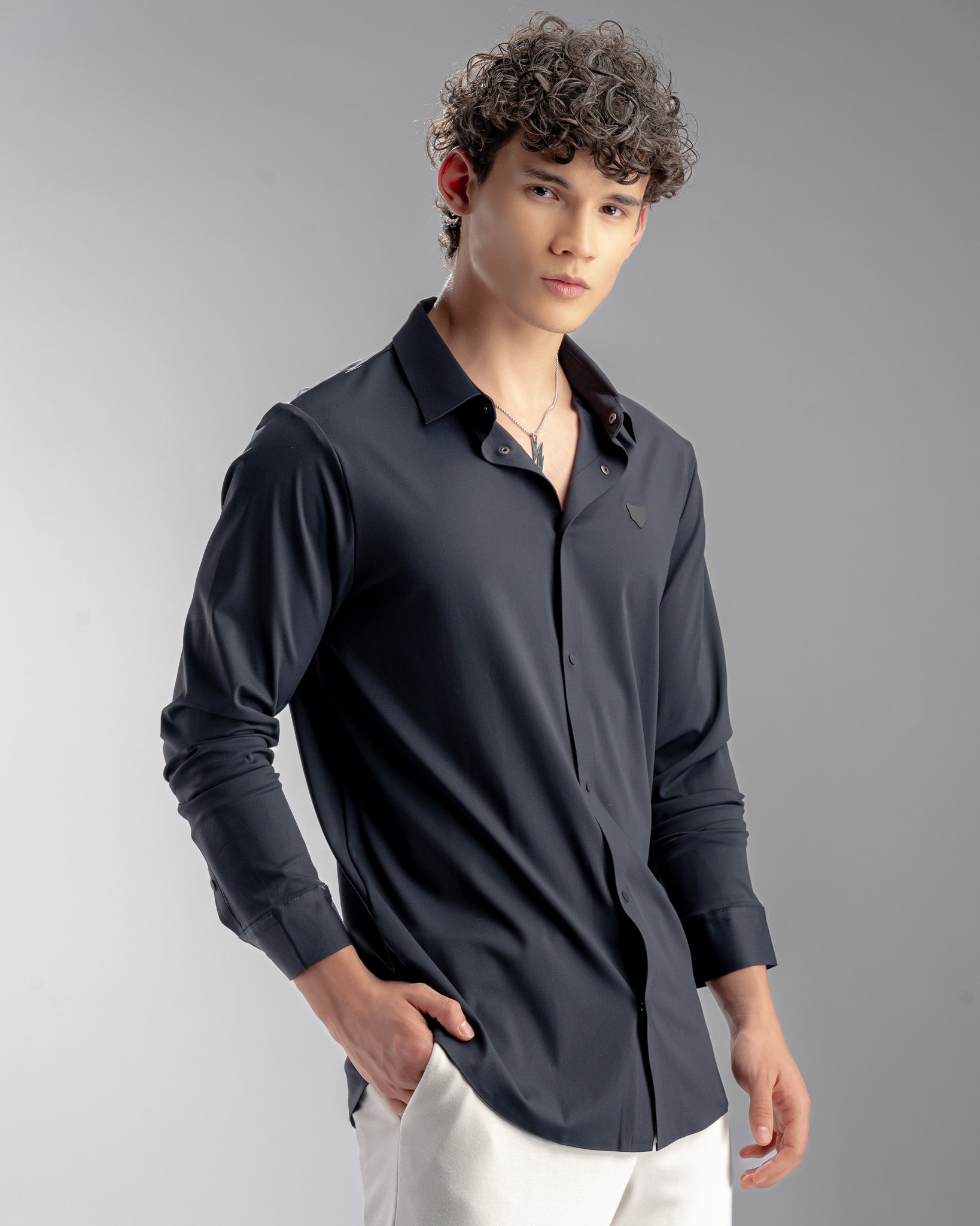 Snowpard Tacta Bonded Shirt Navy Blue — side view, nylon elastane formal shirt