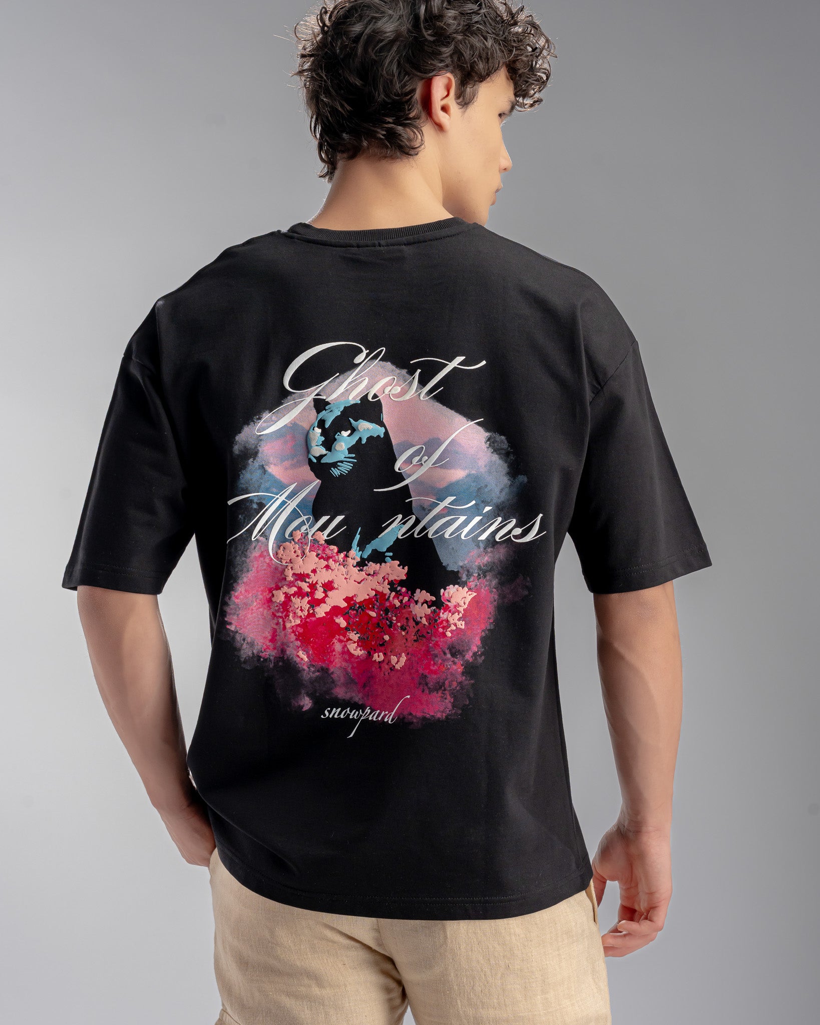Snowpard Ghost of Mountains Puff Print Tee Black — front view, men's puff print t-shirt India