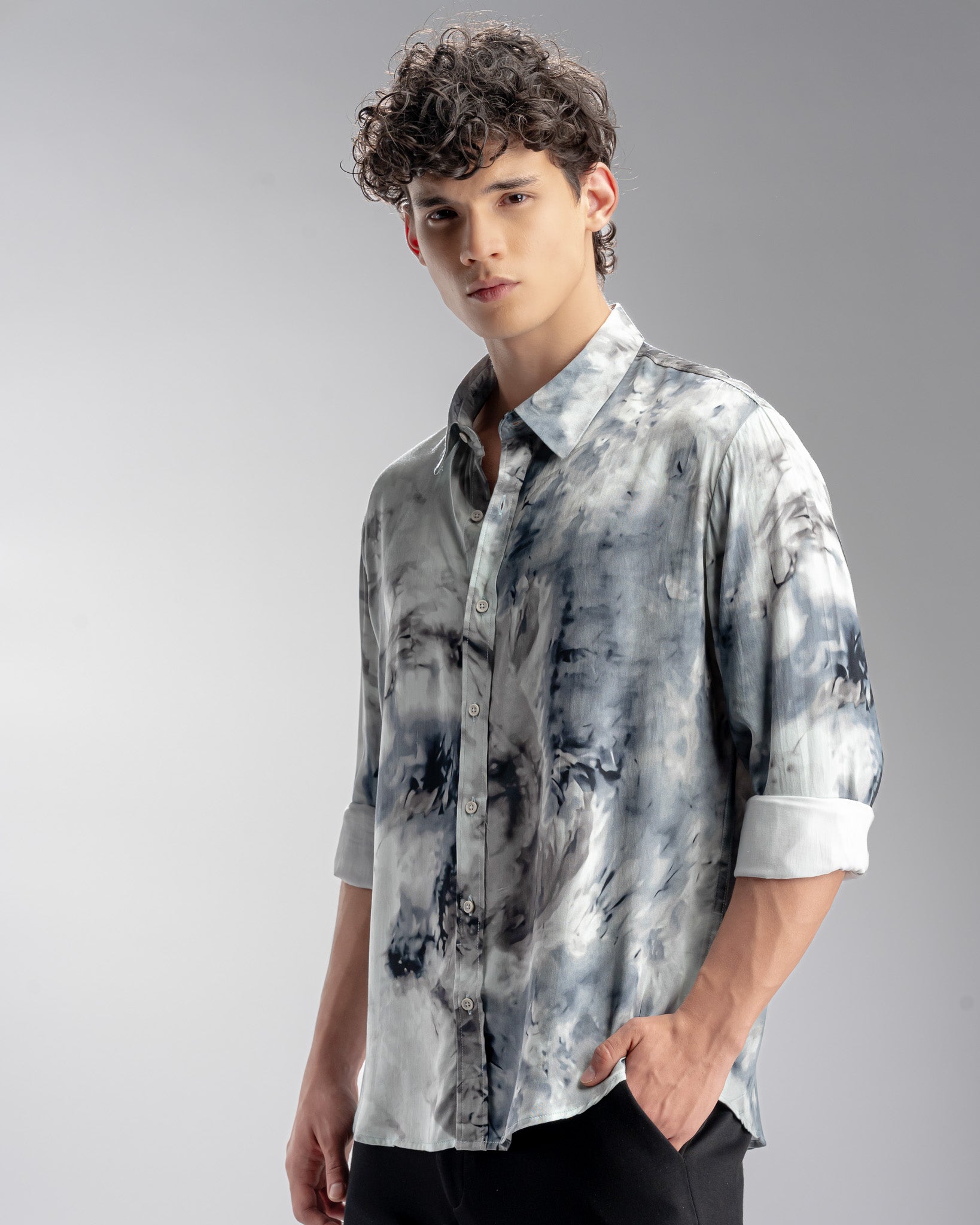 Snowpard Oslo Abstract Rayon Shirt Blue — side view, contemporary rayon shirt
