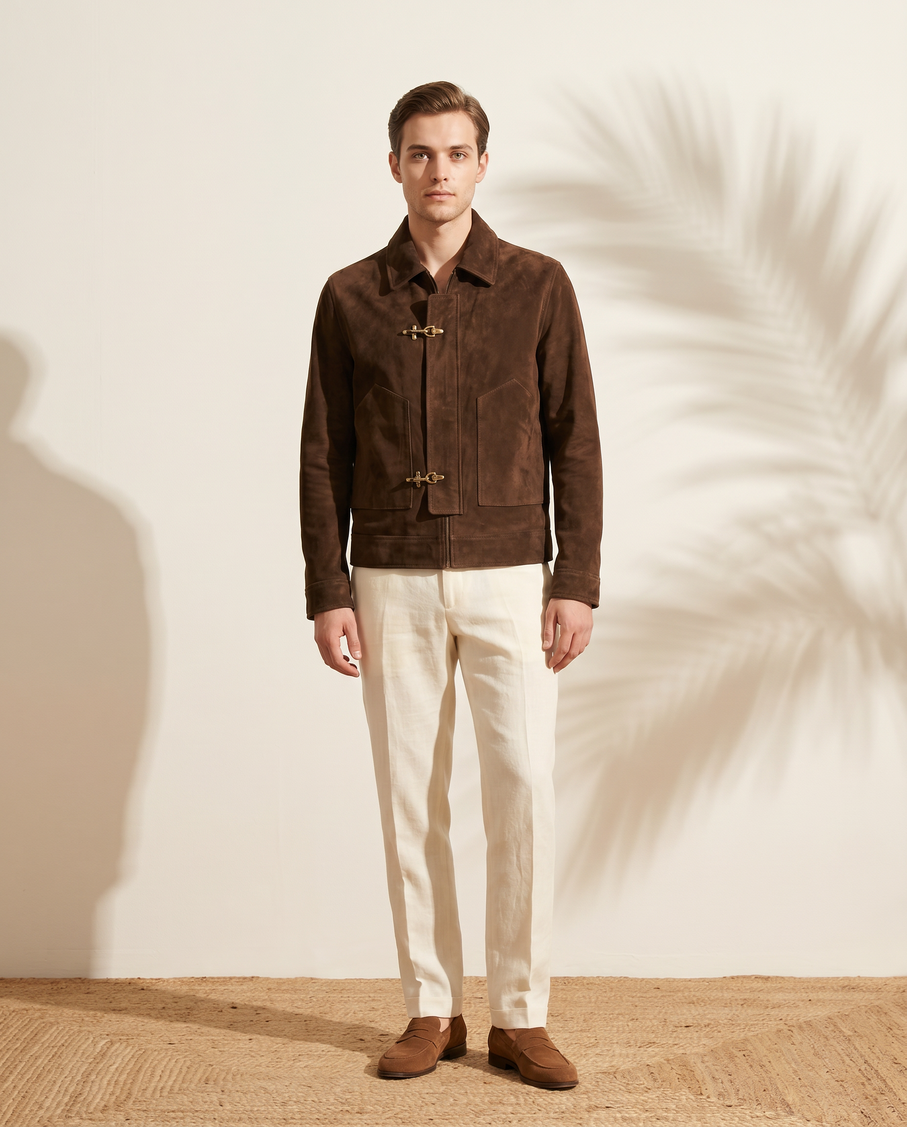 Snowpard Chocolate Brown Equestrian Suede Jacket — front view, equestrian cut