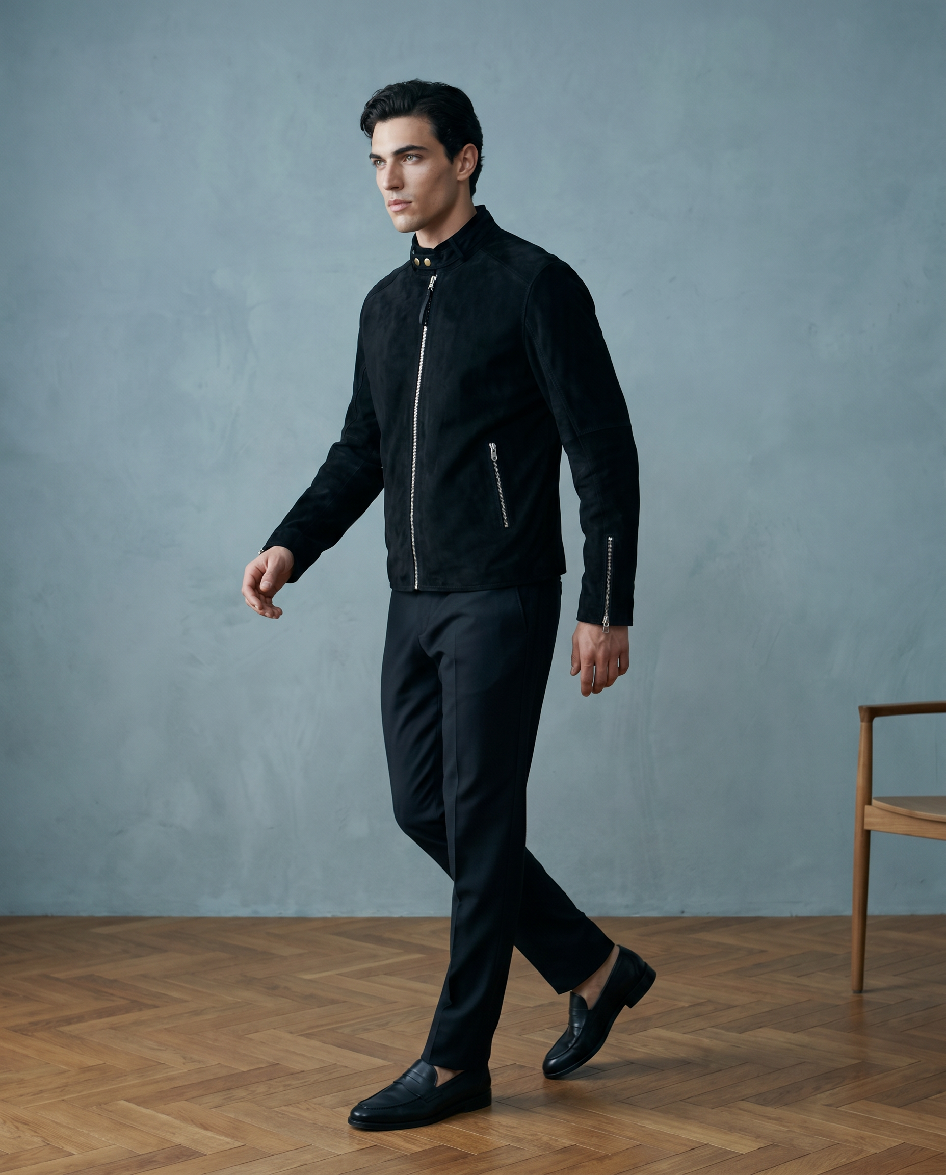 Snowpard Black Racer Suede Jacket — rear view, racer jacket detail