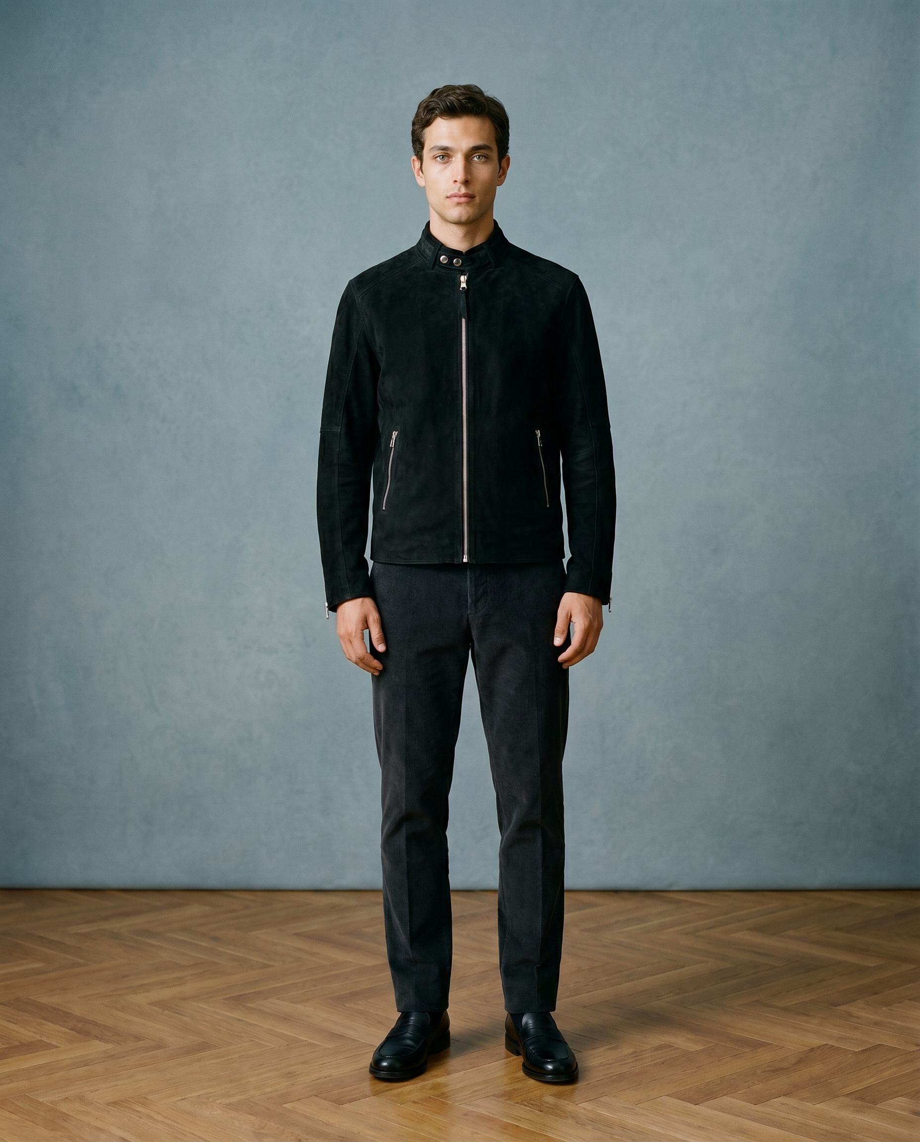Snowpard Black Racer Suede Jacket — front view, close cut silhouette