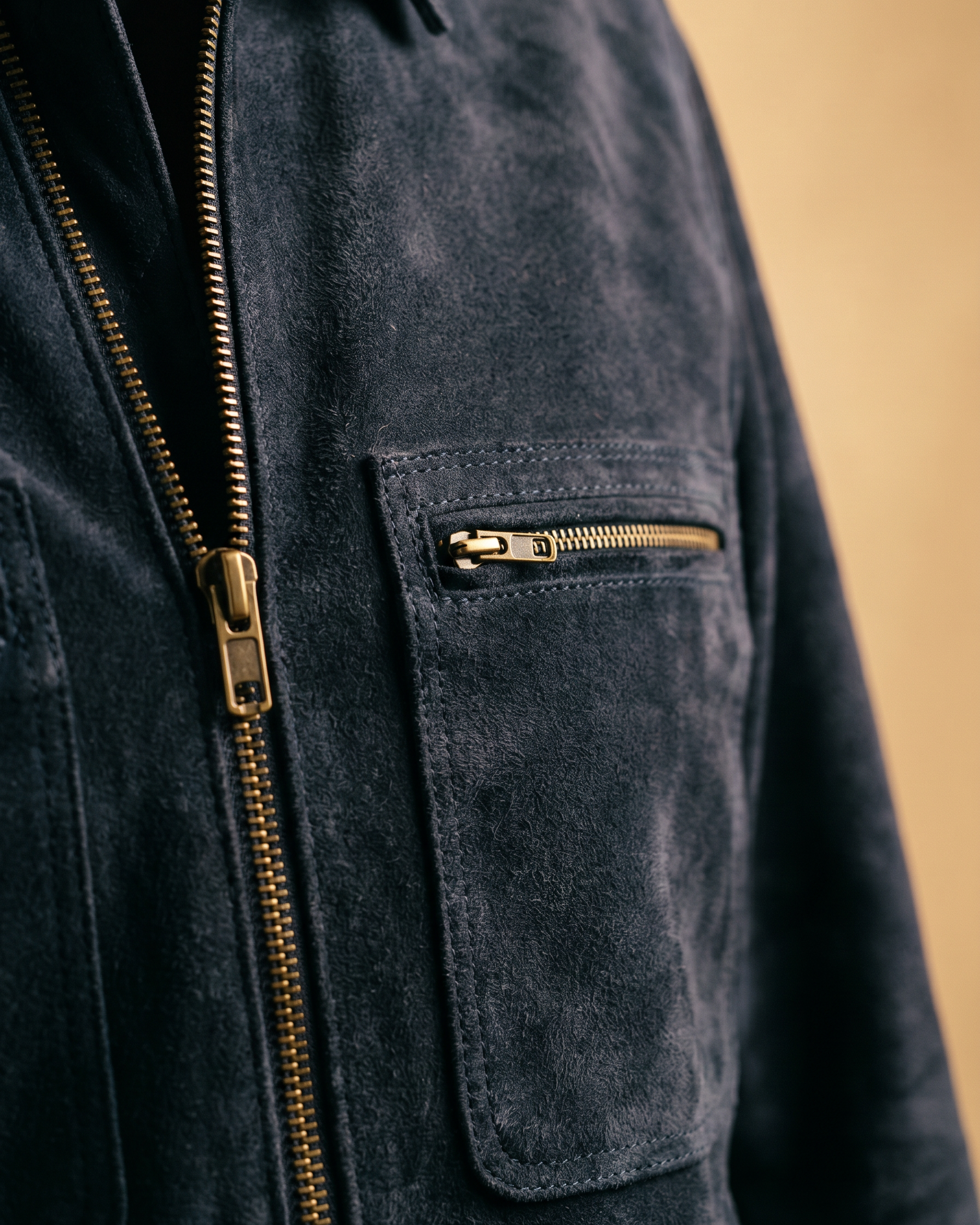 Snowpard Navy Blouson Suede Jacket — close-up suede texture, navy colorway