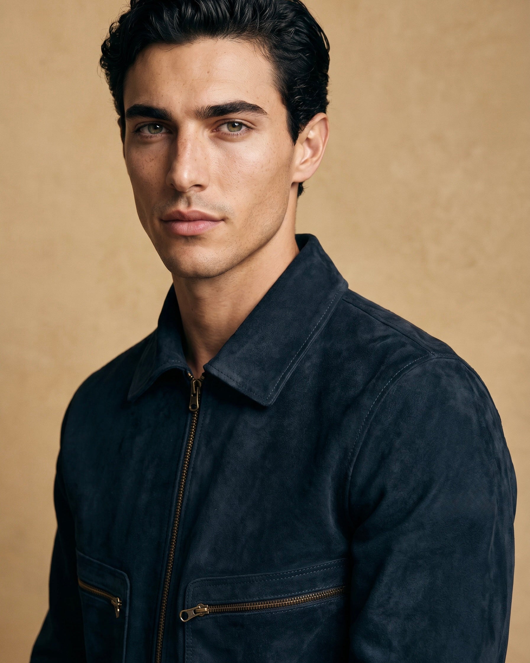Snowpard Navy Blouson Suede Jacket — collar and shoulder detail, premium suede