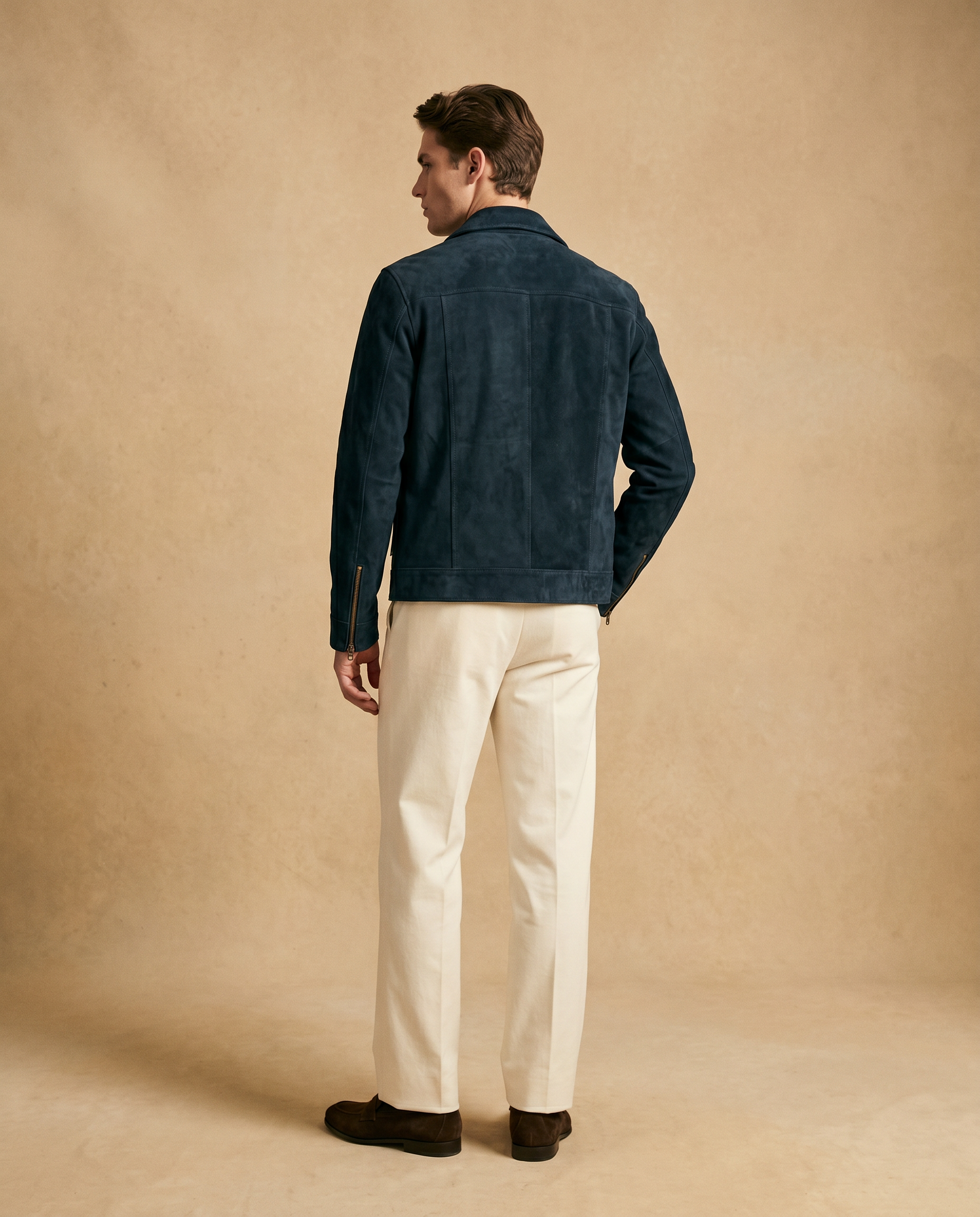 Snowpard Navy Blouson Suede Jacket — styled on model, Zanskar Collection limited run