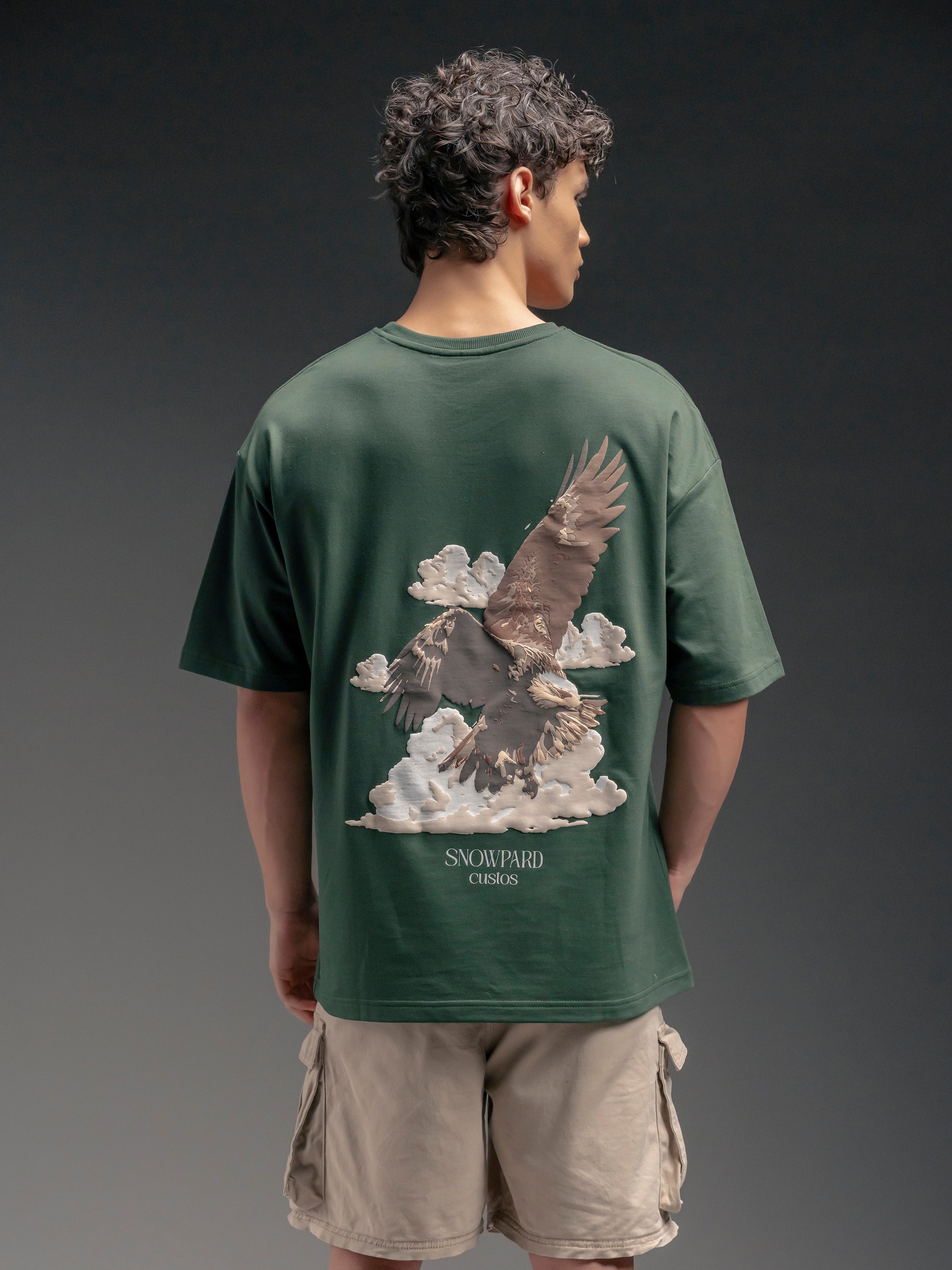 SNOWPARD Custos Supima T-Shirt Forest Green - Back View | Eagle Graphic Custos Print Premium Men's Tee India
