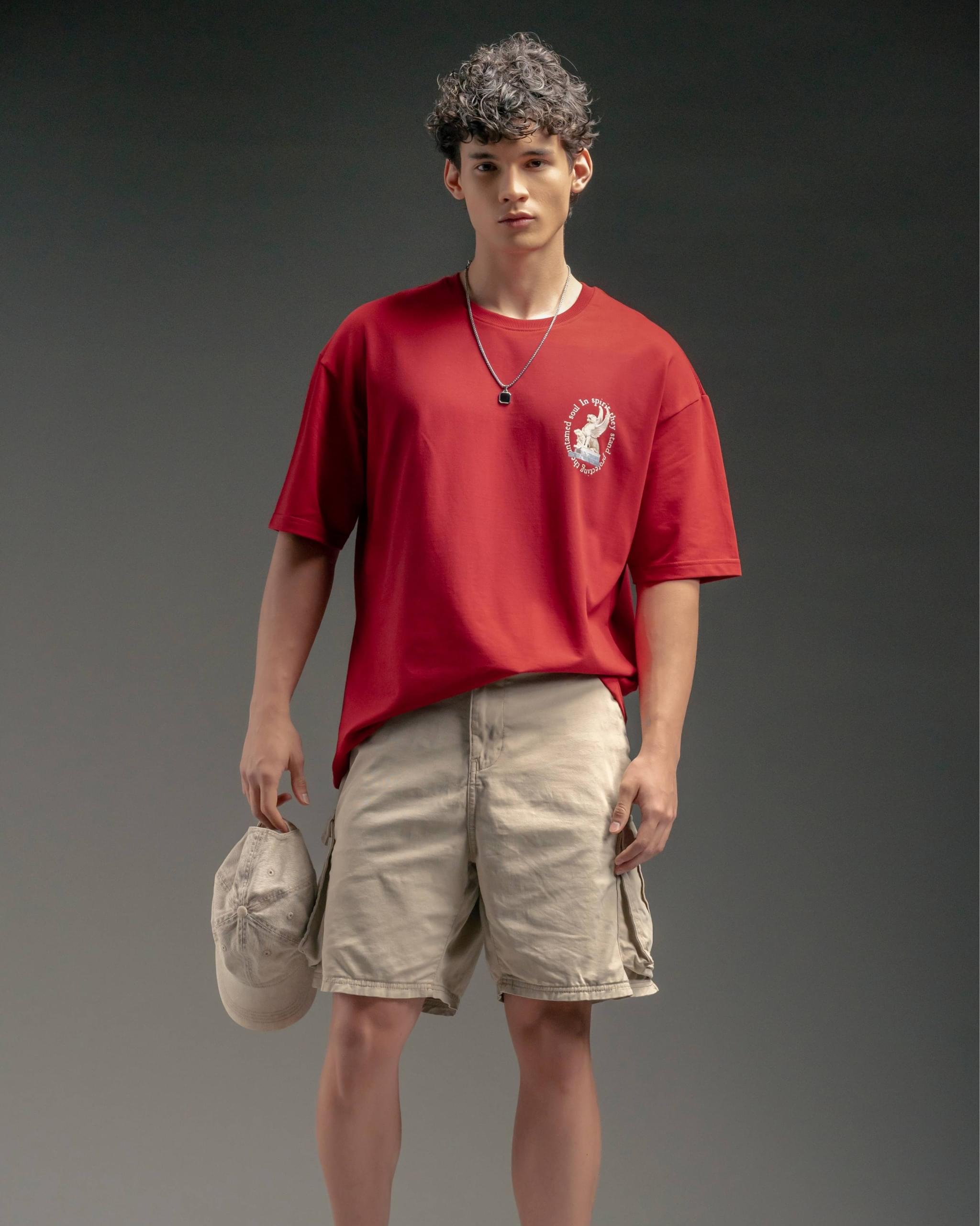 Snowpard Arcanas Puff Print Tee Red — model shot, premium men's graphic t-shirt