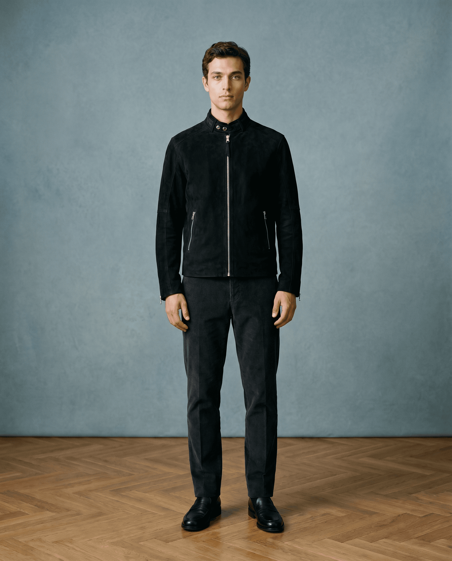Snowpard Black Racer Suede Jacket — front view, close cut silhouette
