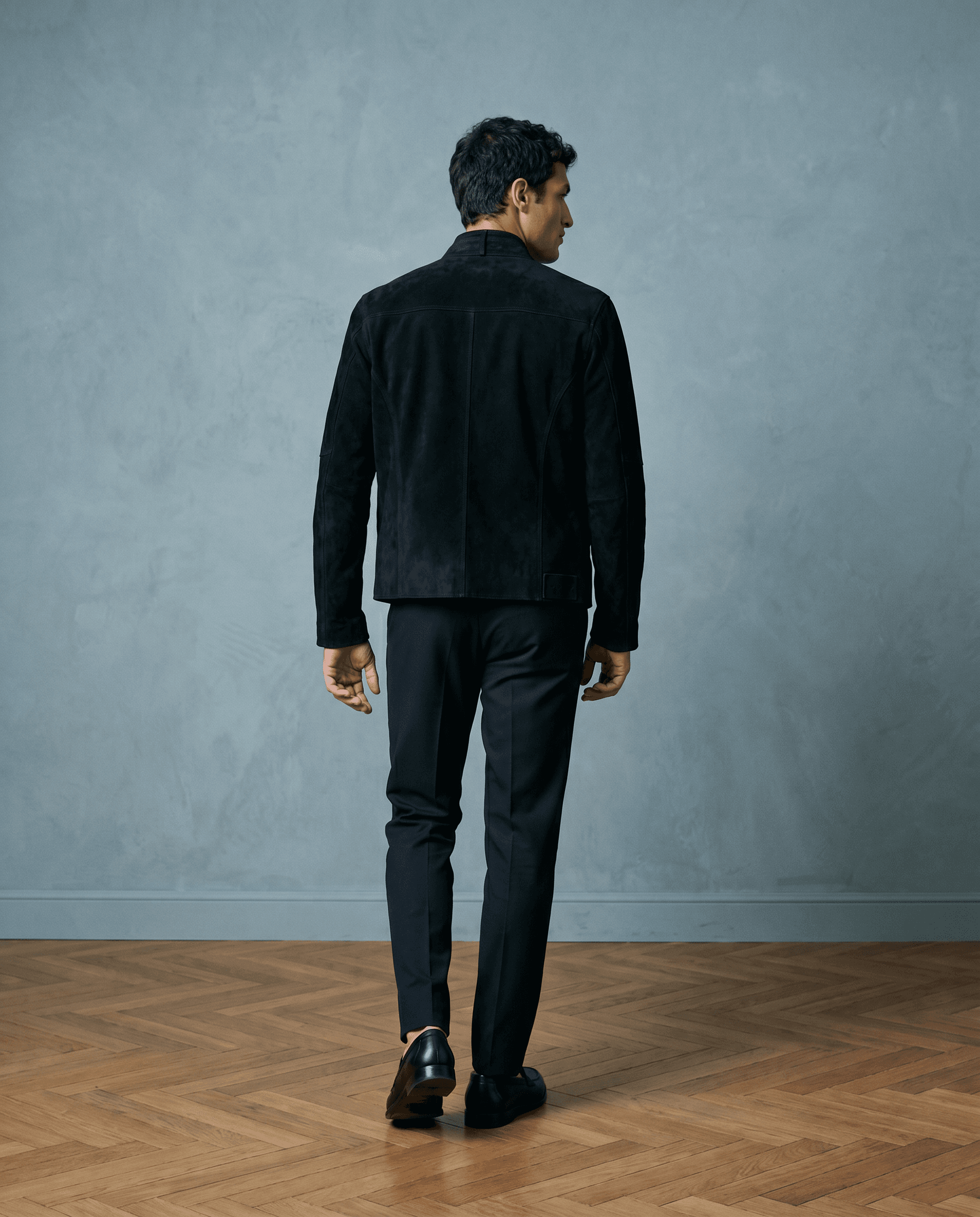 Snowpard Black Racer Suede Jacket — collar detail, zero hardware design