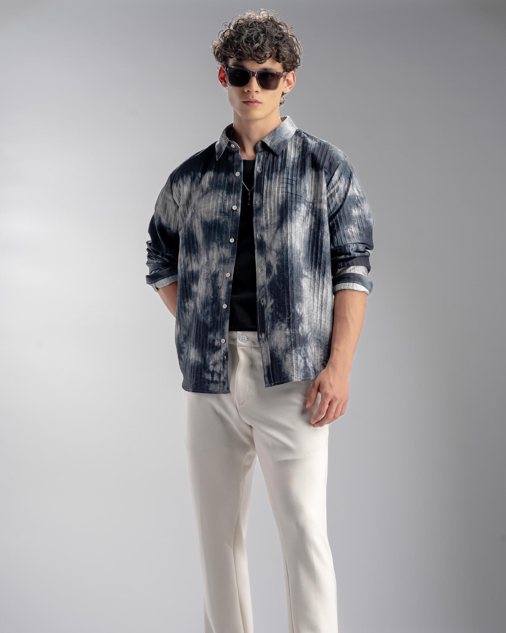 Snowpard Capri Crinkle Shirt Navy — model shot, men's designer crinkle shirt