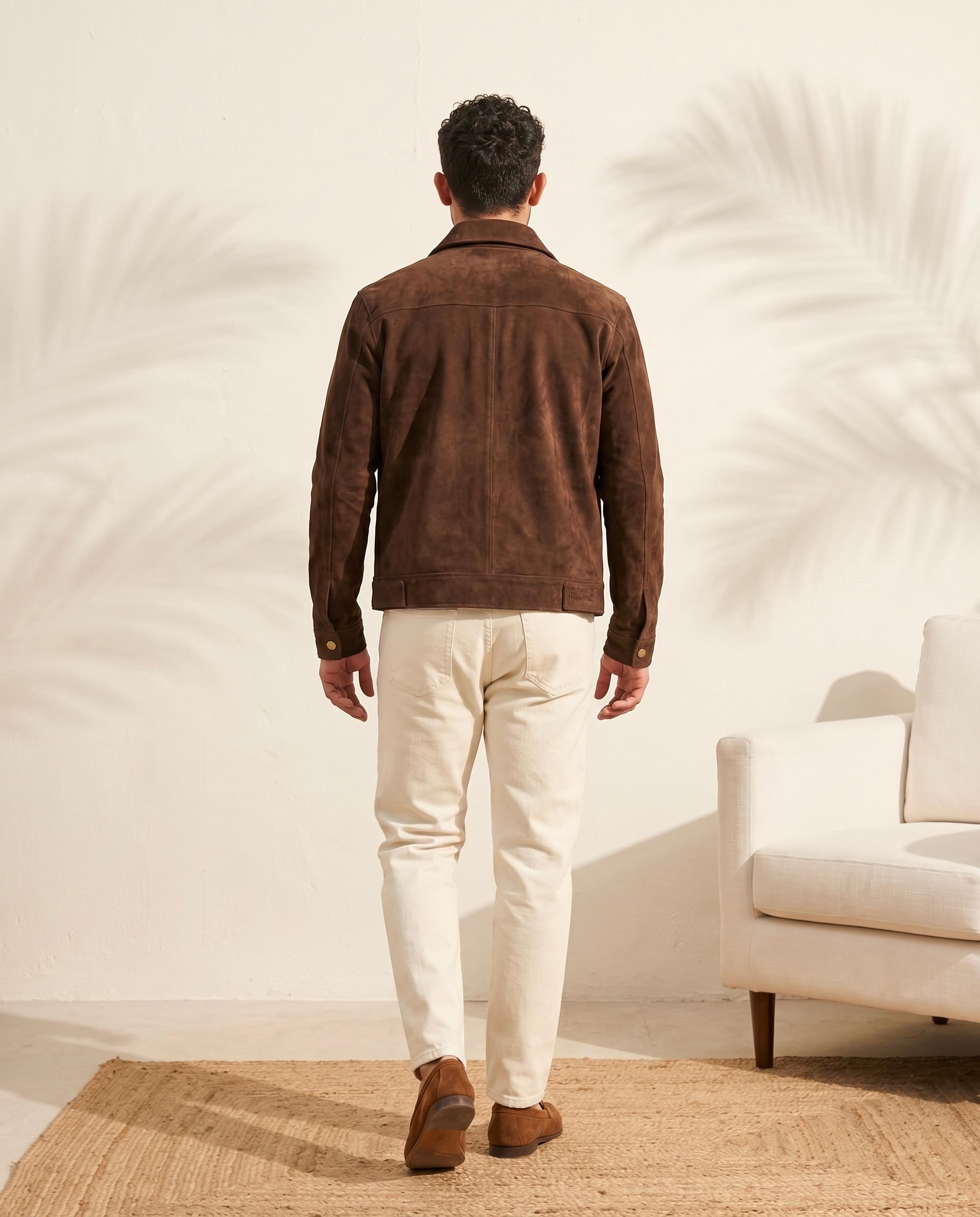 Snowpard Chocolate Brown Equestrian Suede Jacket — close-up chocolate brown suede texture