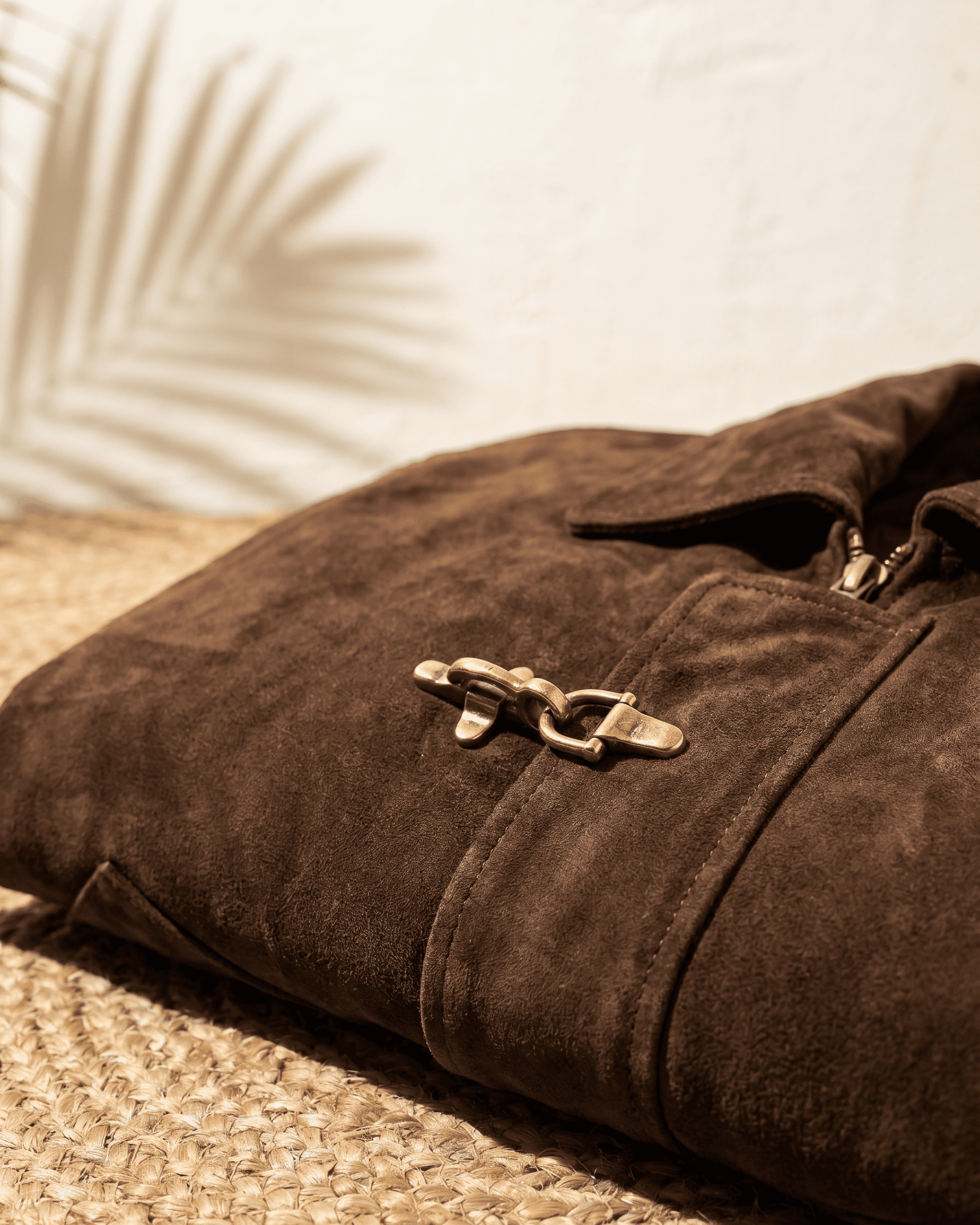 Snowpard Chocolate Brown Equestrian Suede Jacket — detail shot, ages with wear