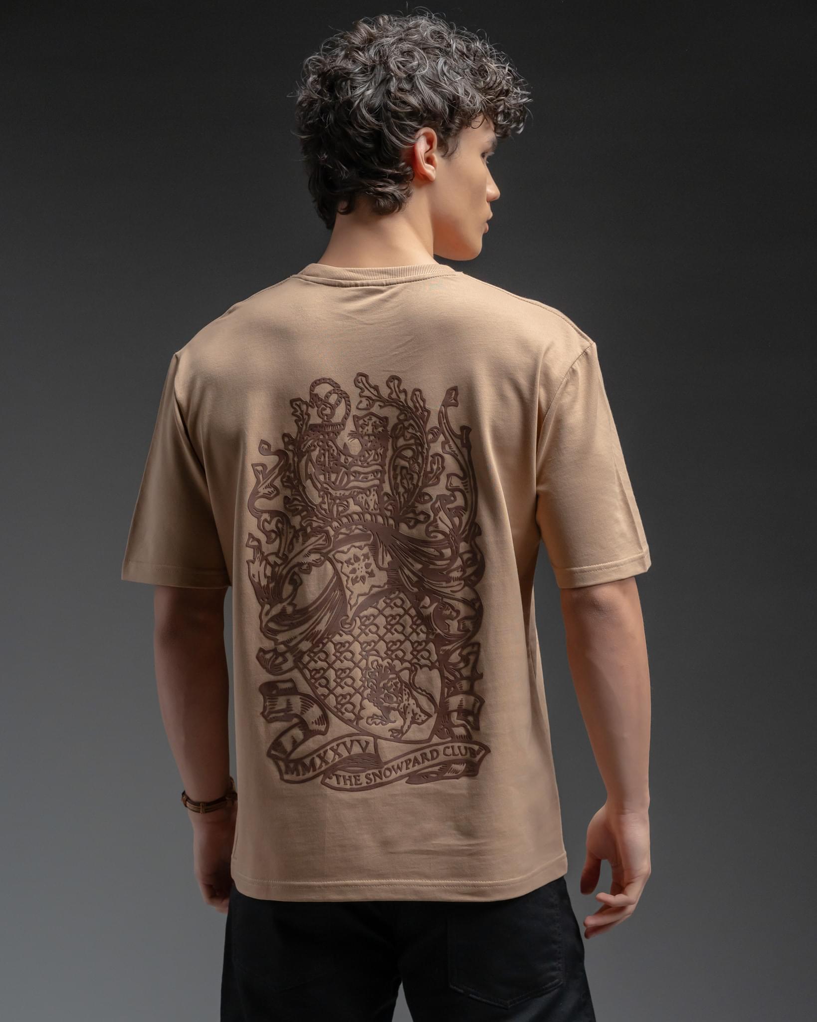 Snowpard Club Crest Relaxed Tee Desert Tan — front view, men's embroidered t-shirt India