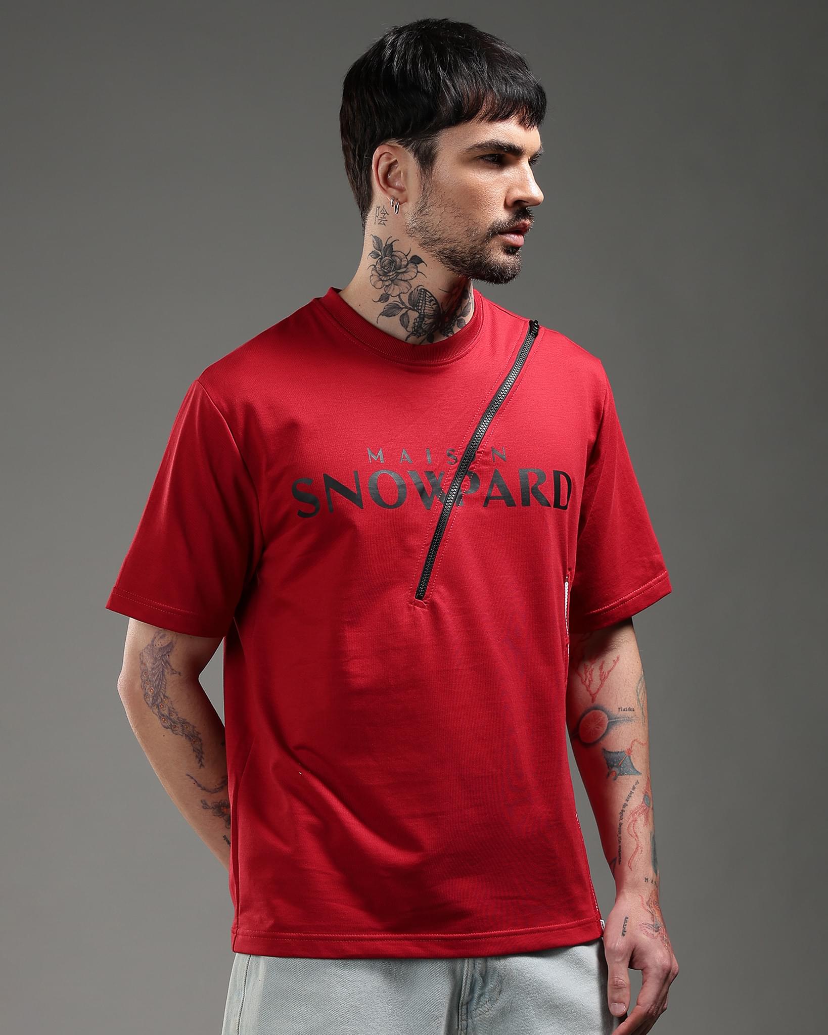 Snowpard Crimson Zip Relaxed Tee Red — side view, premium men's statement tee