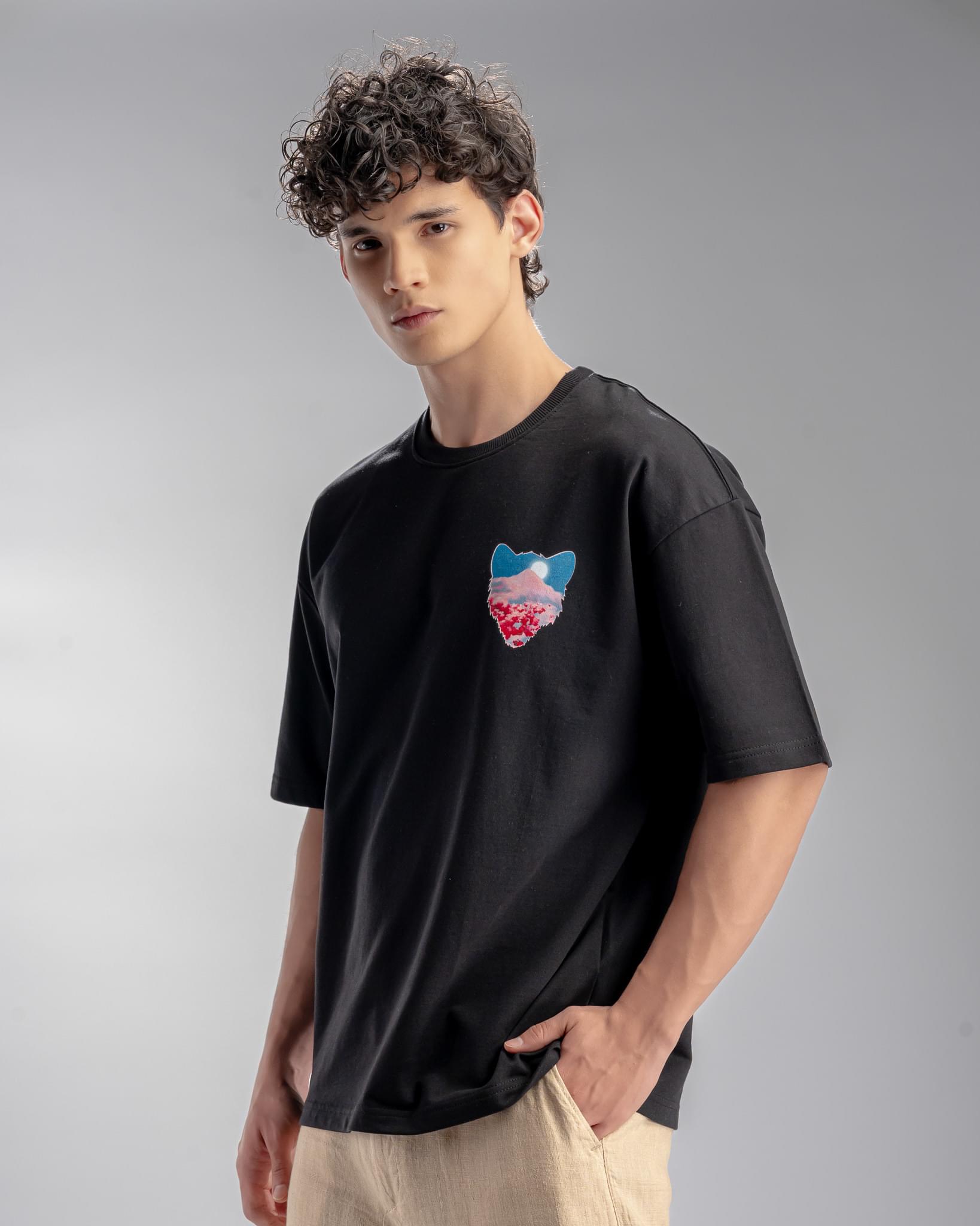 Snowpard Ghost of Mountains Puff Print Tee Black — chest detail, pastel smoke puff print