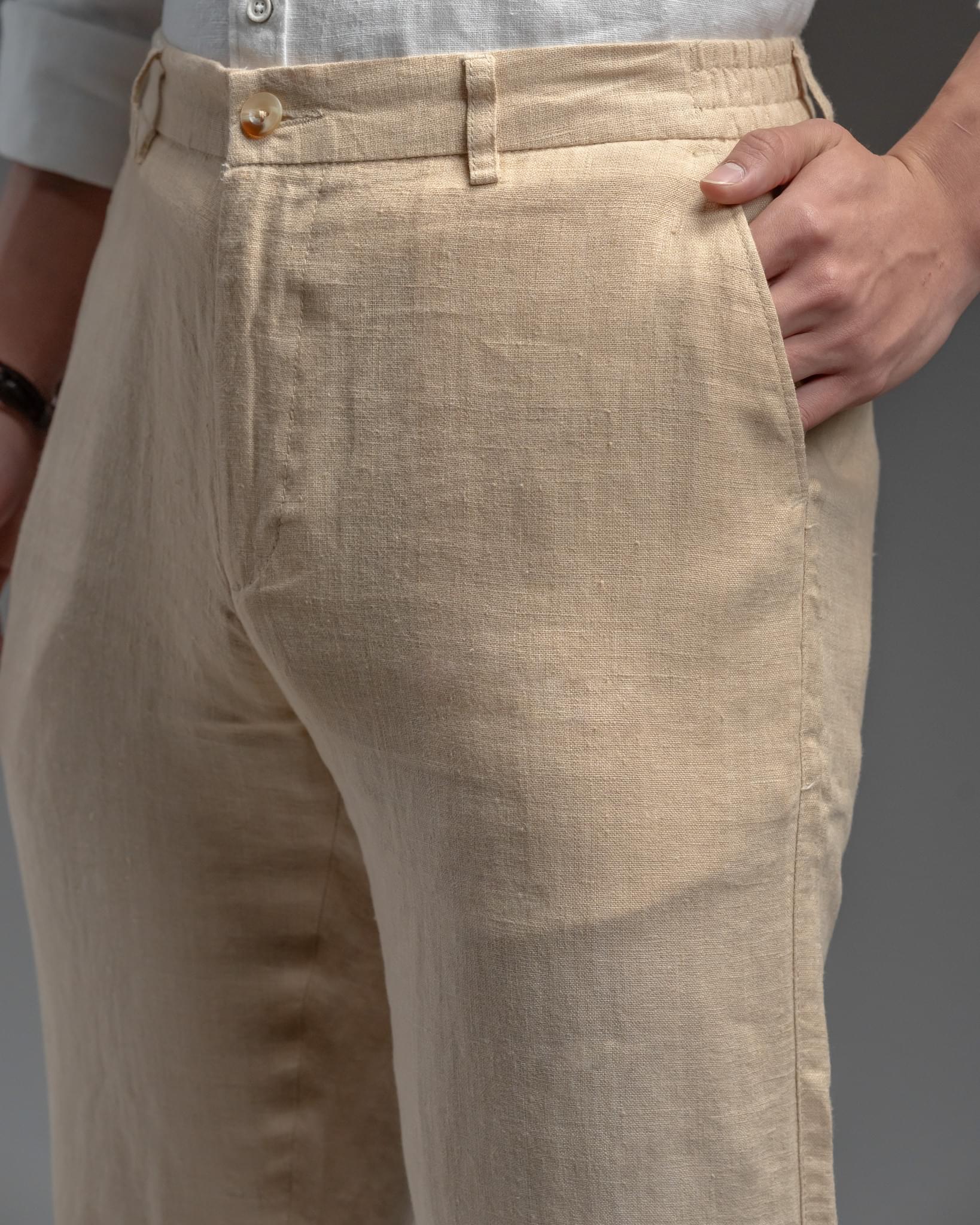 Snowpard Lino Linen Trouser Beige — three quarter view, premium linen bottoms
