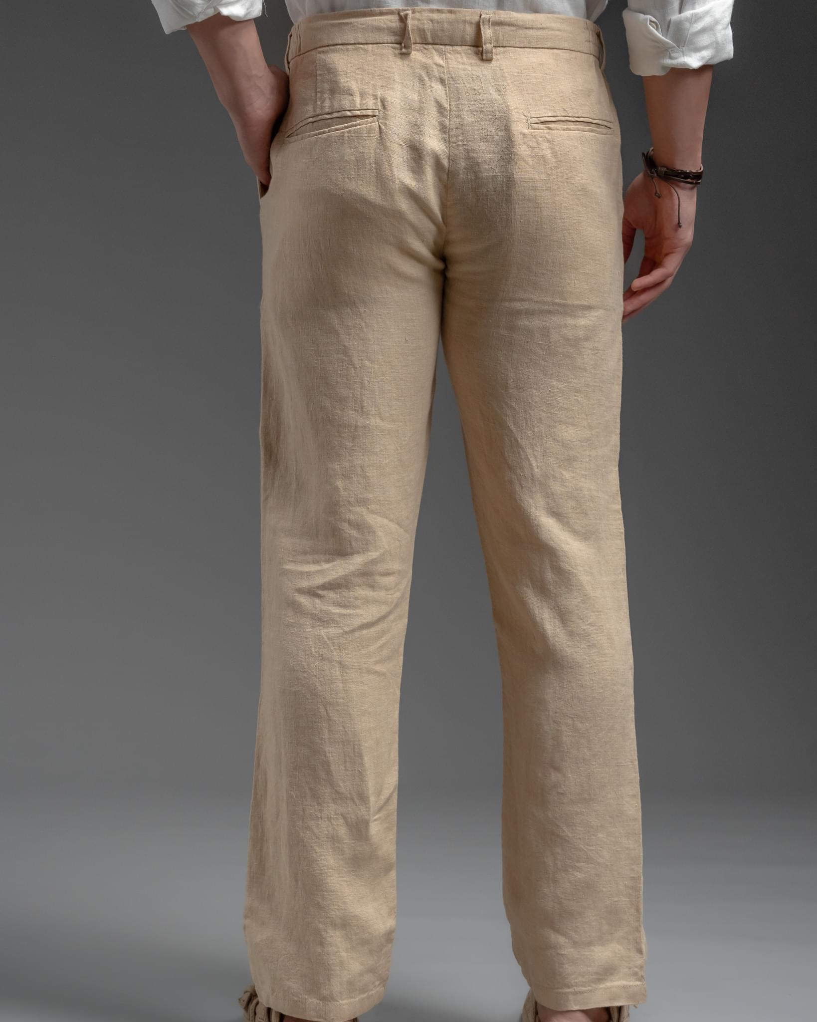 Snowpard Lino Linen Trouser Beige — waistband detail, elasticated linen trouser