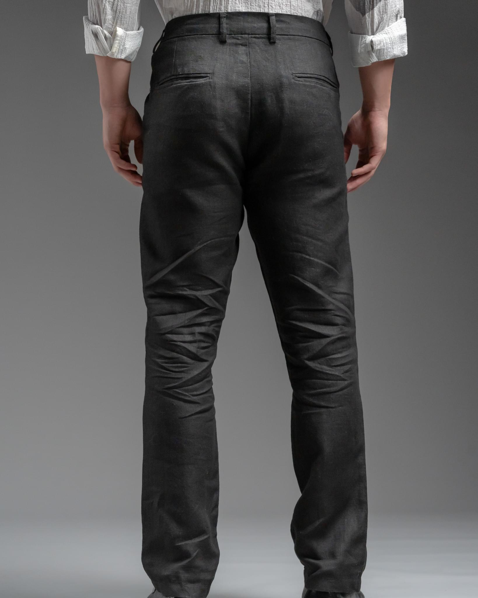 Snowpard Lino Linen Trouser Black — waistband detail, elasticated linen trouser