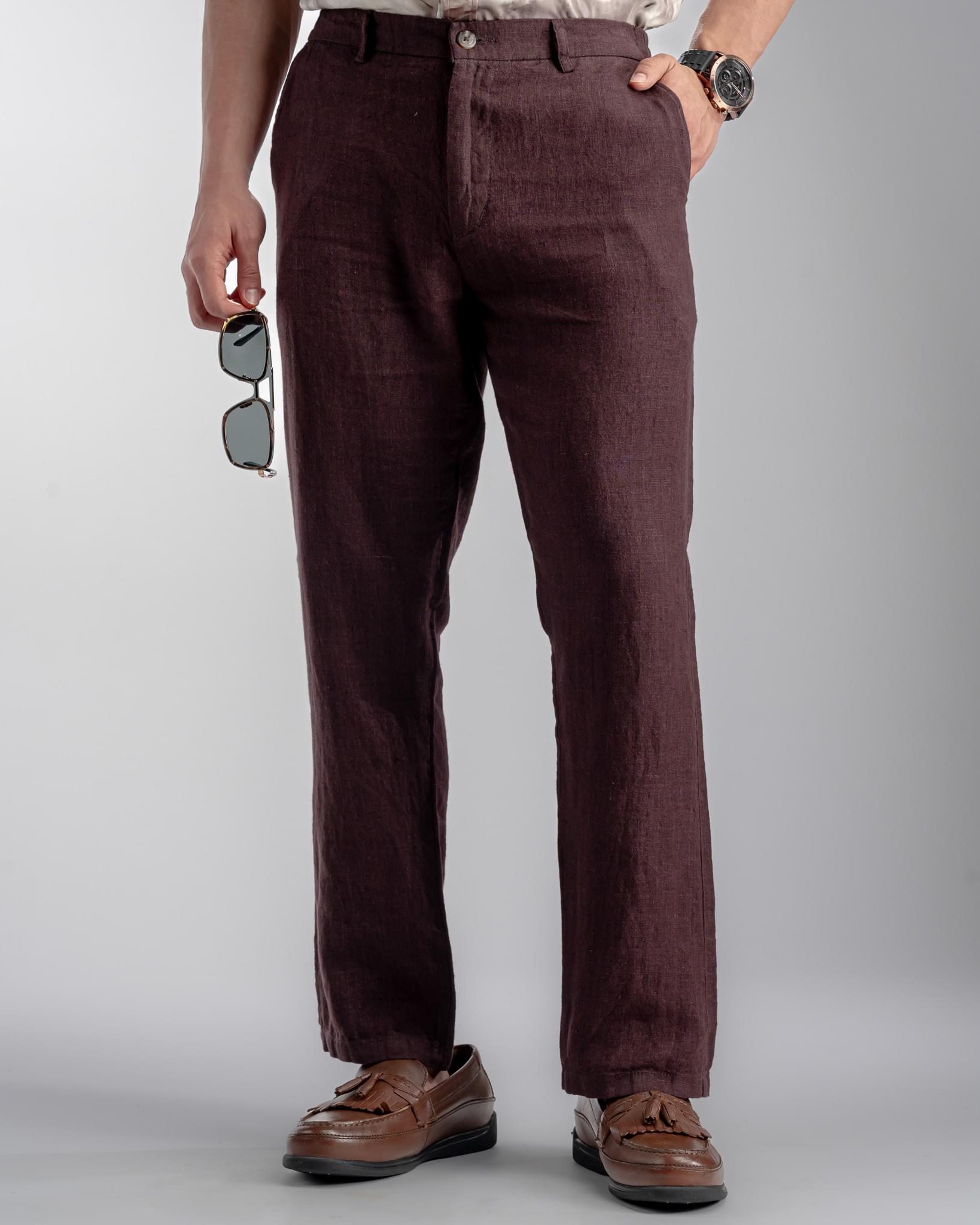 Snowpard Lino Linen Trouser Maroon — front view, men's 100% linen trousers India
