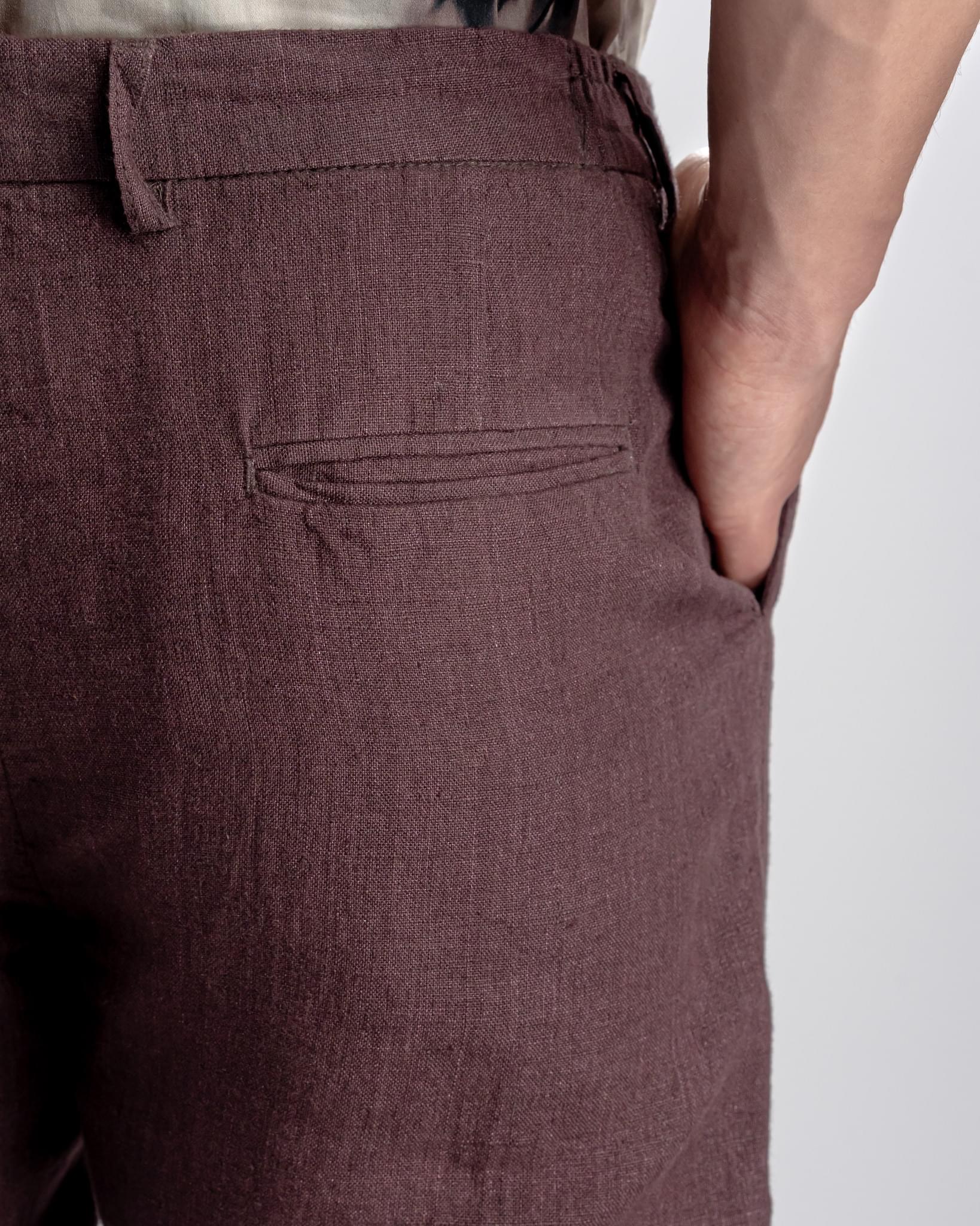 Snowpard Lino Linen Trouser Maroon — fabric detail, pure linen texture close-up