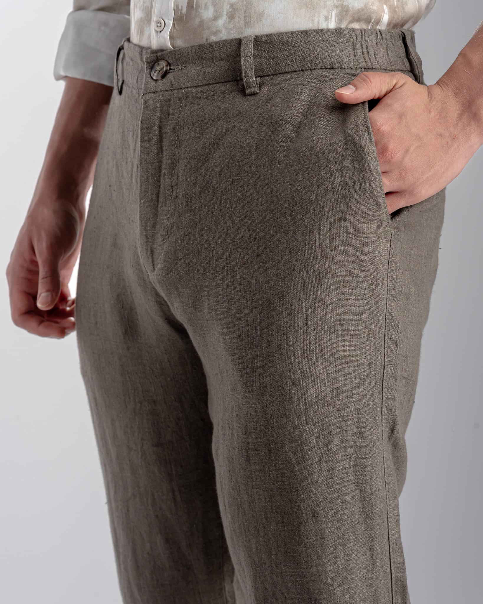 Snowpard Lino Linen Trouser Olive — waistband detail, elasticated linen trouser