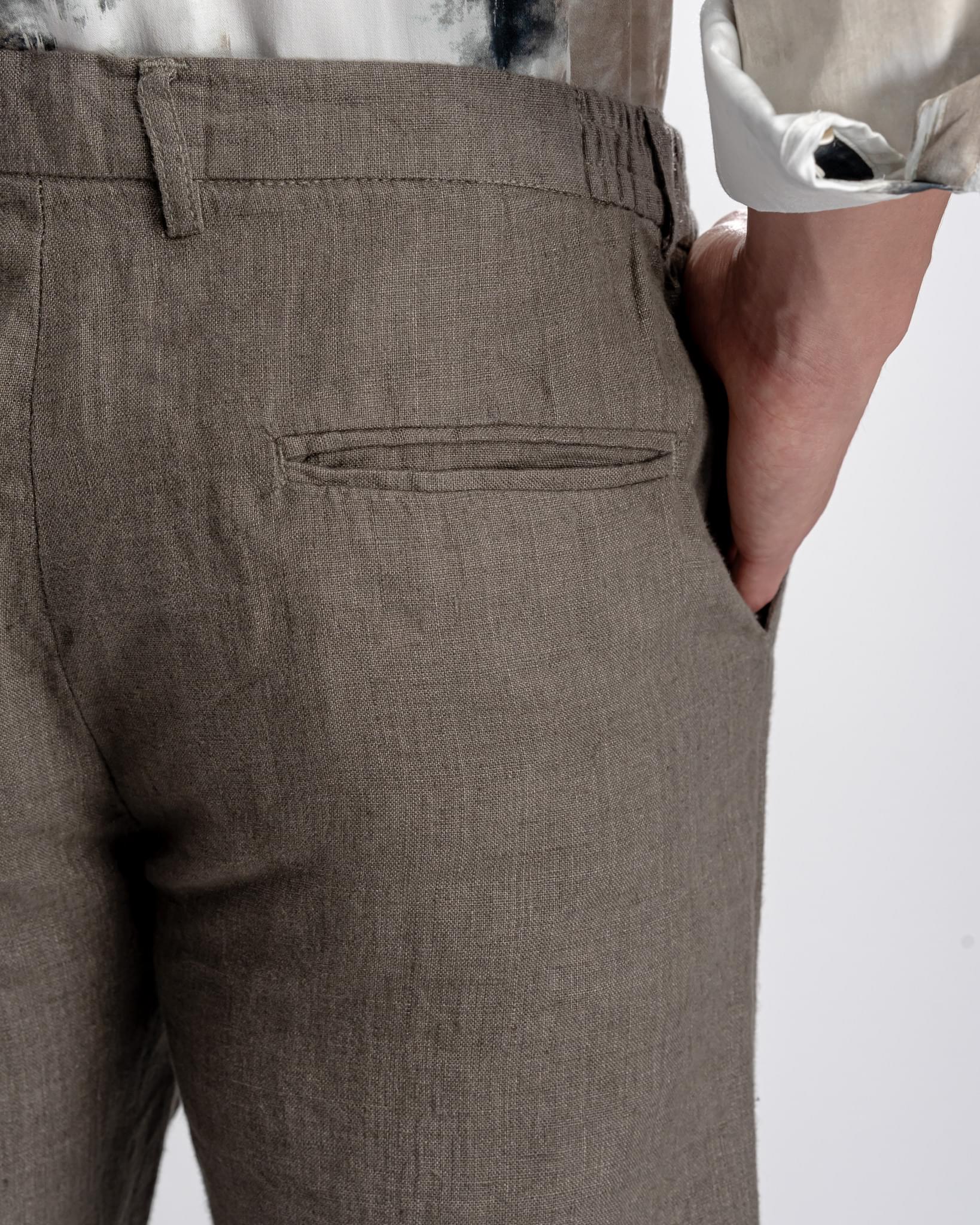 Snowpard Lino Linen Trouser Olive — fabric detail, pure linen texture close-up
