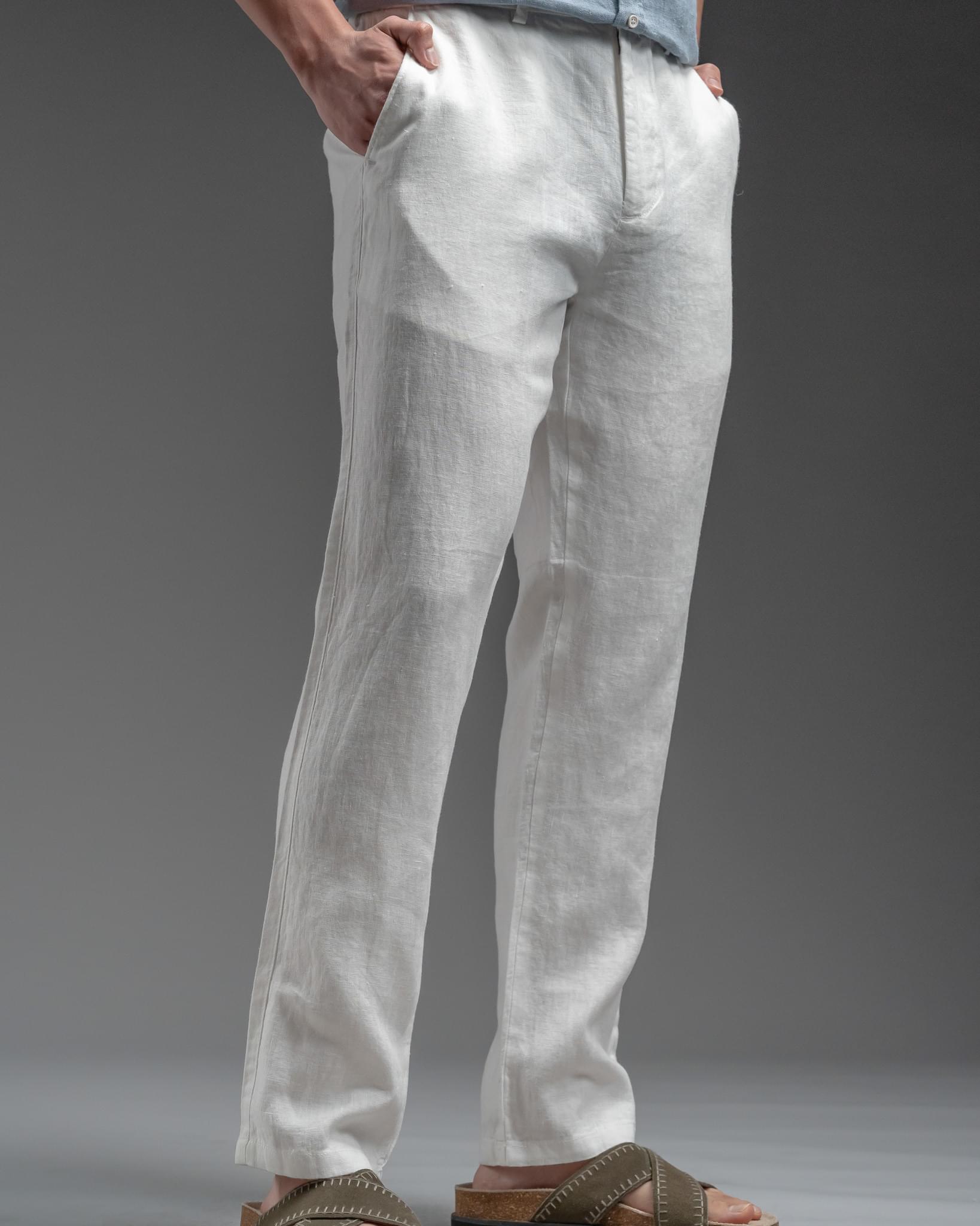 Snowpard Lino Linen Trouser White — front view, men's 100% linen trousers India