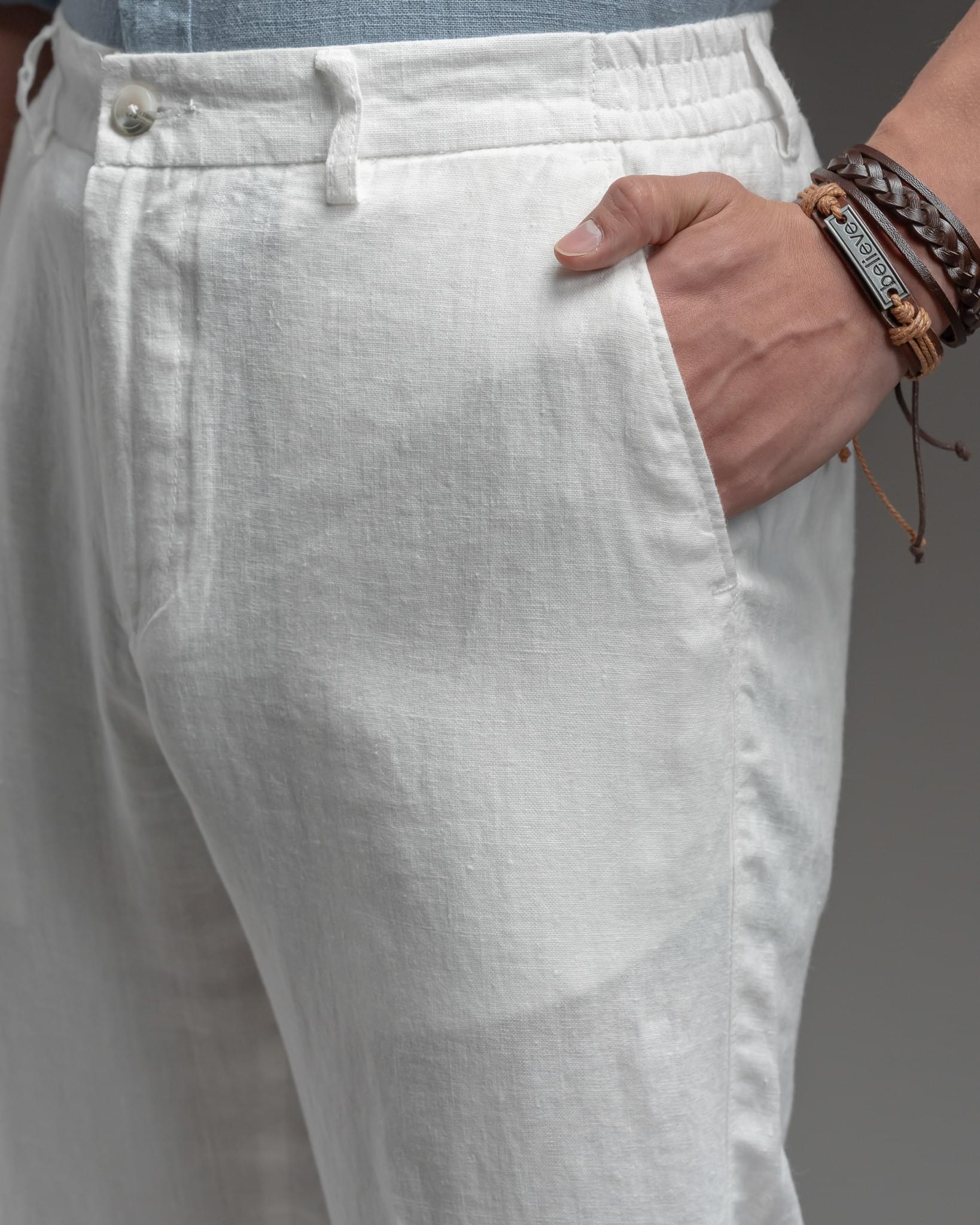 Snowpard Lino Linen Trouser White — waistband detail, elasticated linen trouser