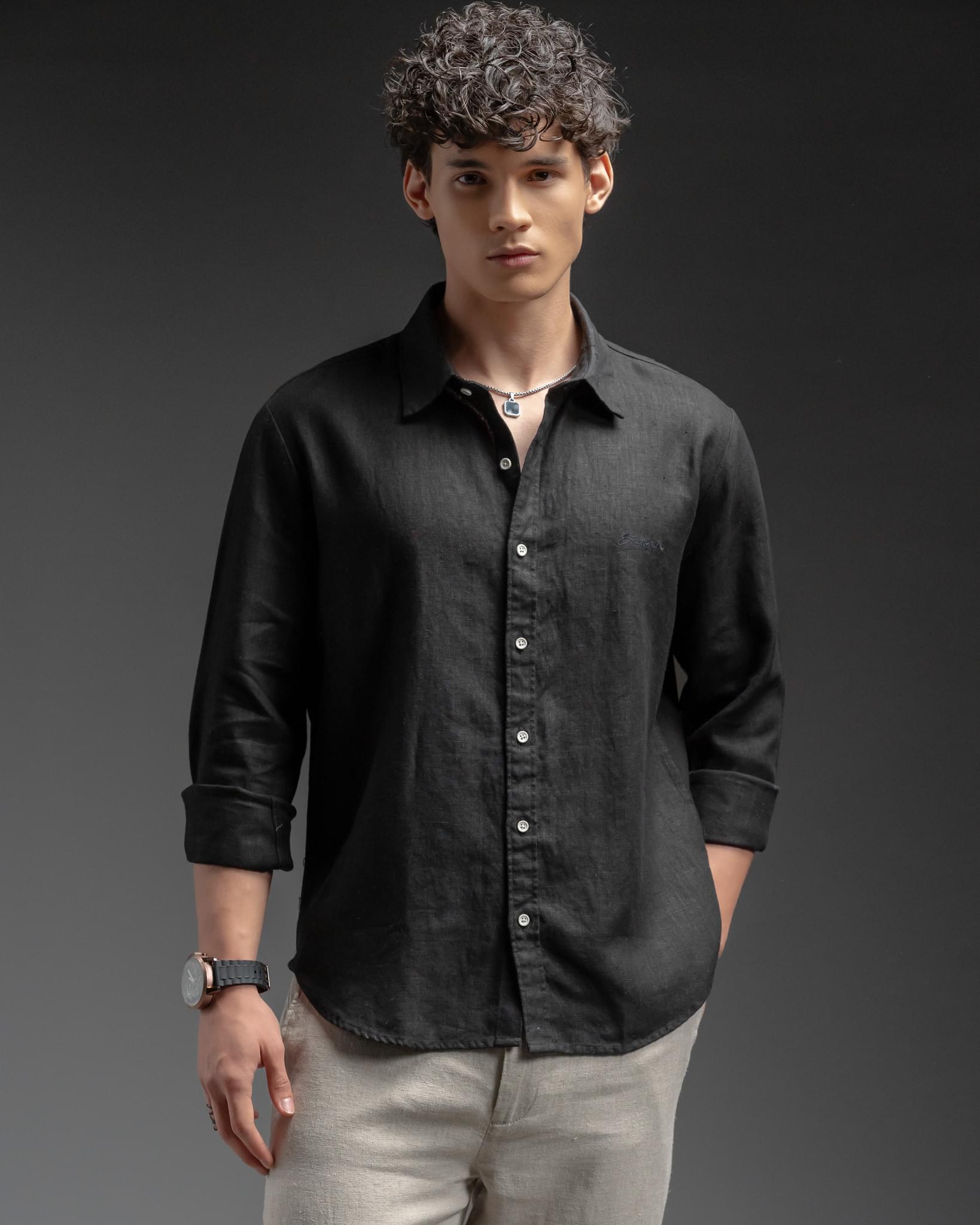 Snowpard Lucca Linen Shirt Black — front view, men's 100% linen shirt India